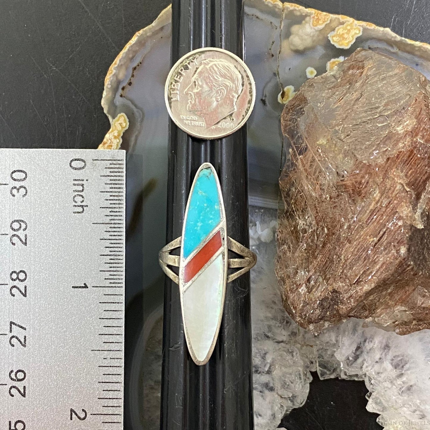 Vintage Native American Silver Marquise Multi Stone Channel Inlay Ring Size 7