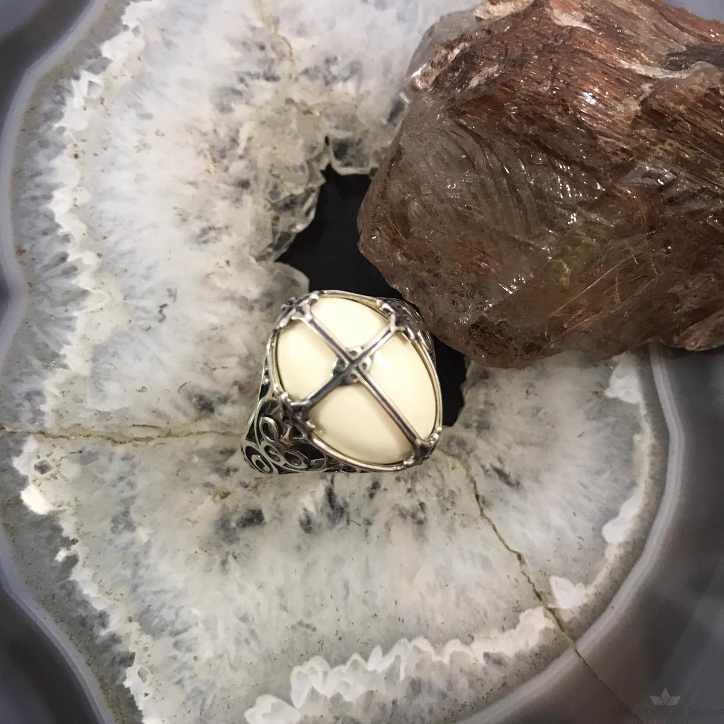 Carolyn Pollack Sterling Silver Oval White Jasper Decorated Cross Ring For Women