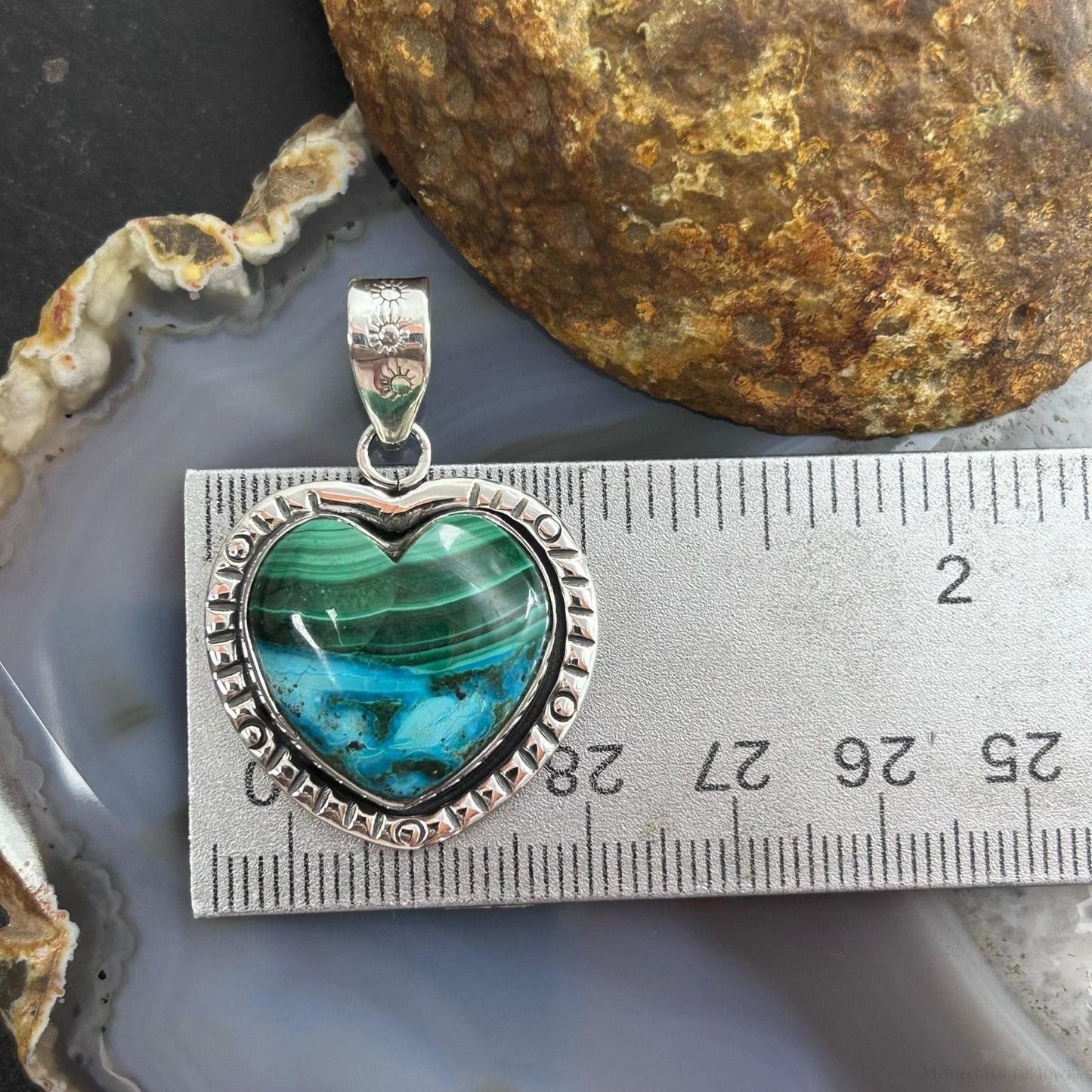 Sterling Silver Southwestern Style Azurite Malachite Heart Pendant For Women
