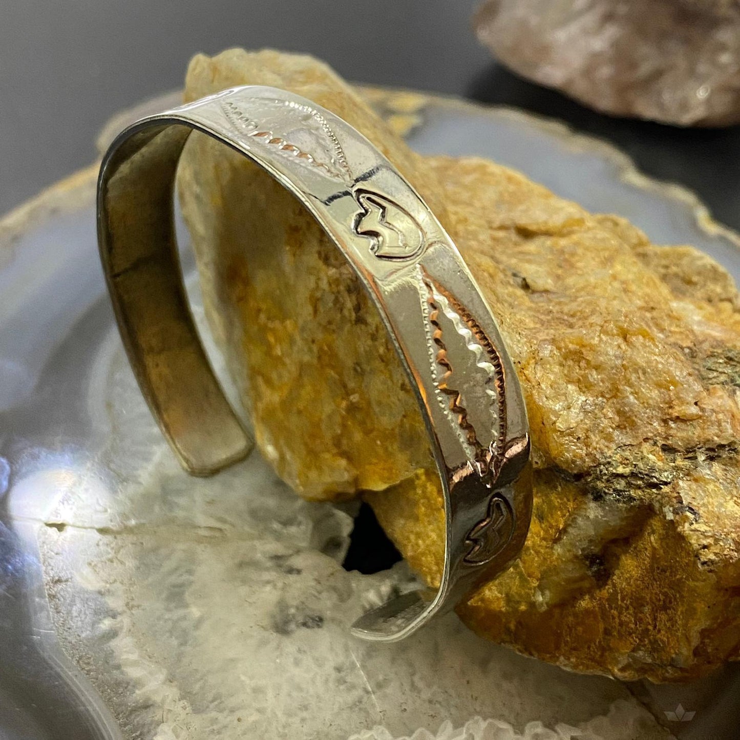 Vintage Native American Sterling Silver Southwestern Motif Stamped Bracelet For Women