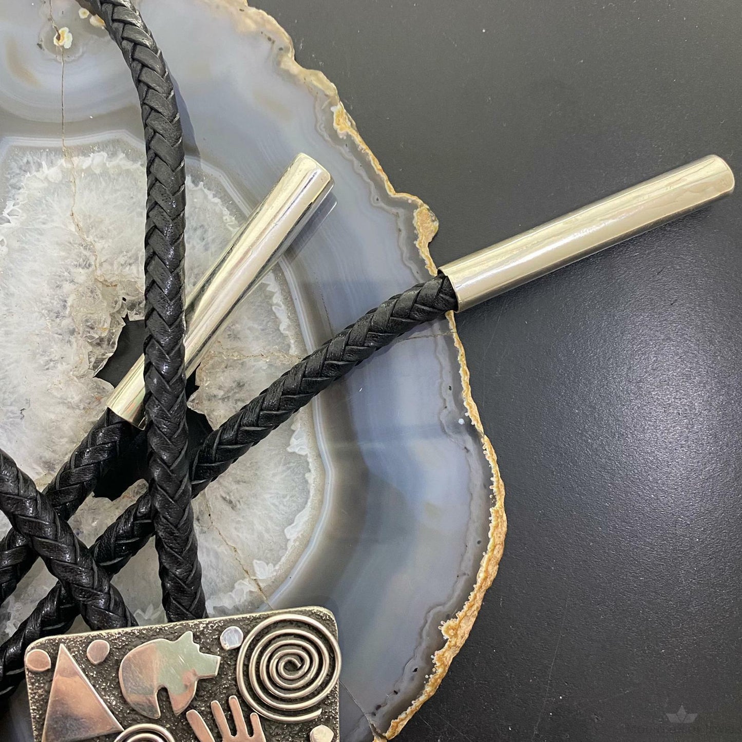 Alex Sanchez Sterling Silver Turquoise & Petroglyph Trapeze Bolo Tie For Men