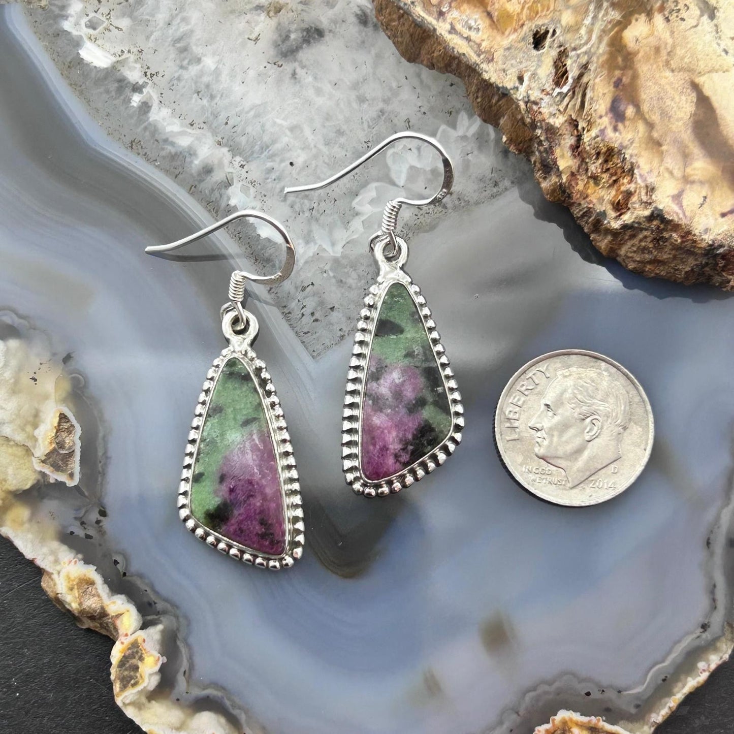 Sterling Silver Southwestern Style Triangular Ruby Zoisite Dangle Earrings For Women