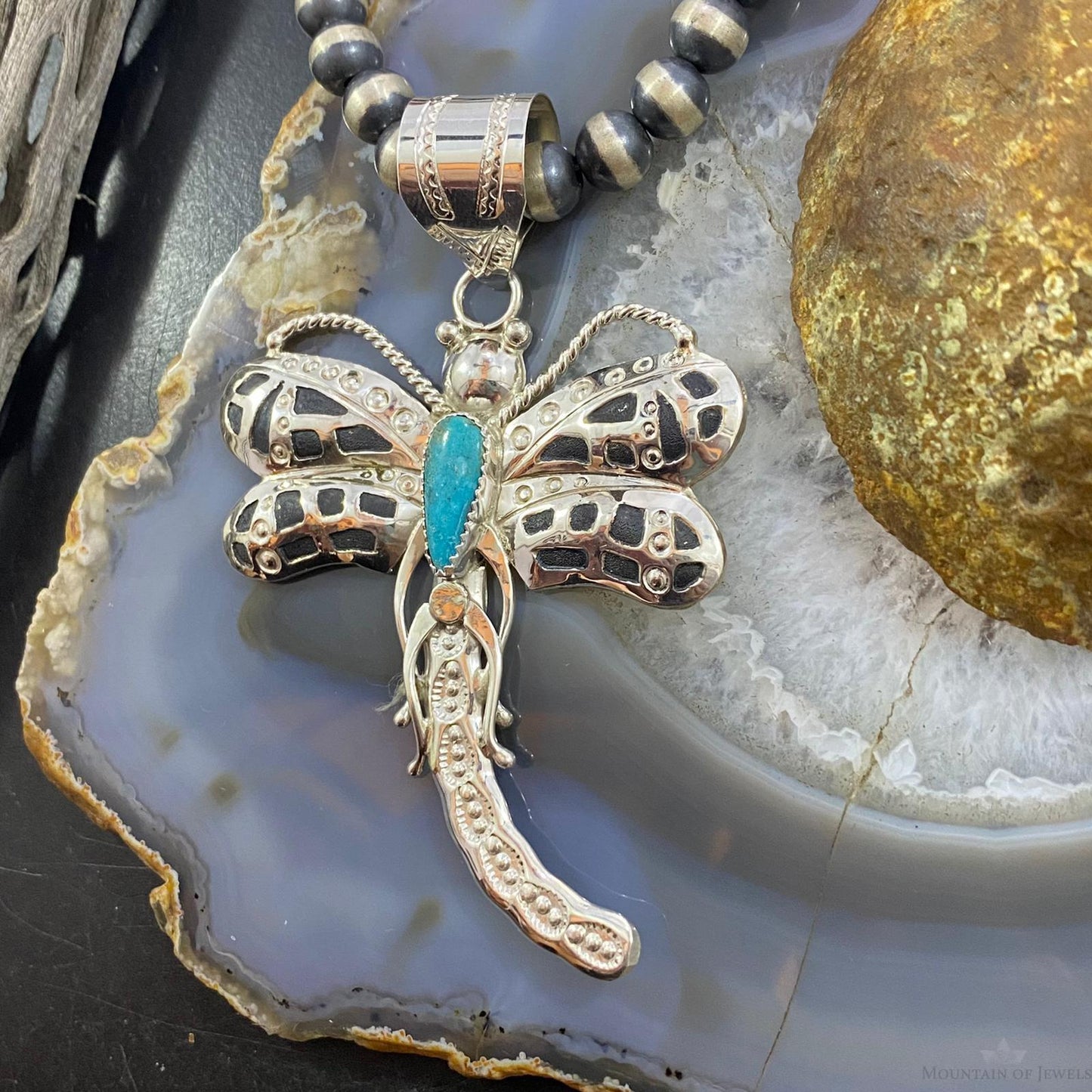 Alonzo Mariano Sterling Kingman Turquoise Dragonfly Decorated Pendant For Women