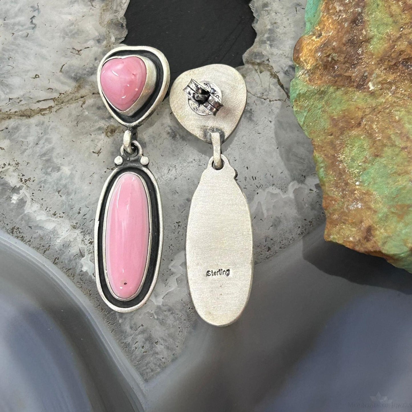 Native American Sterling Silver Pink Conch Heart & Oval Dangle Earrings For Women