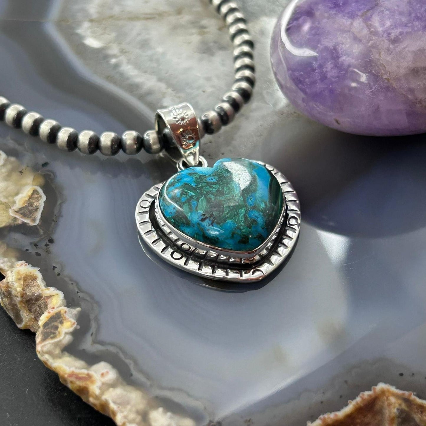 Sterling Silver Southwestern Style Azurite Malachite Heart Pendant For Women #1