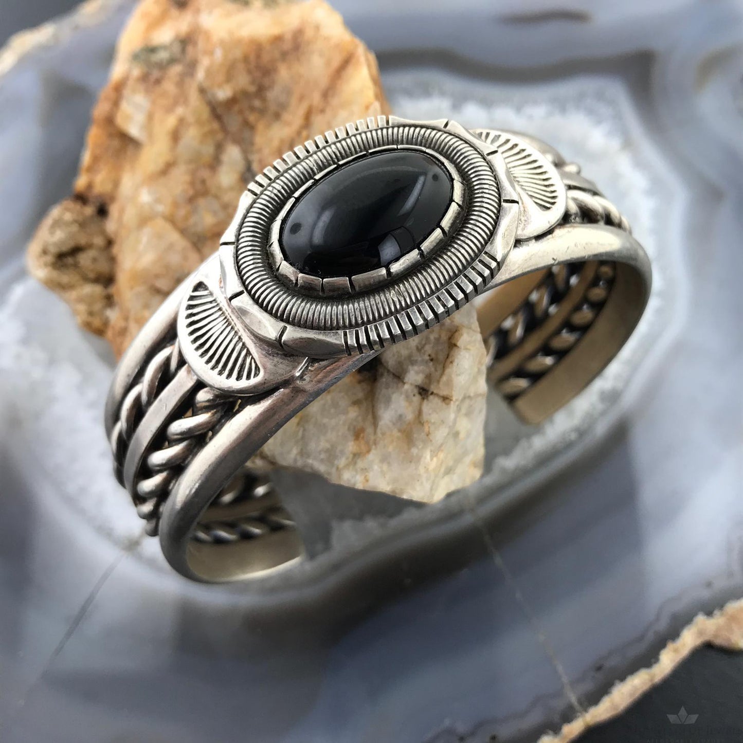 Wilbert Vandever Native American Sterling Silver Engraved Oval Onyx Bracelet