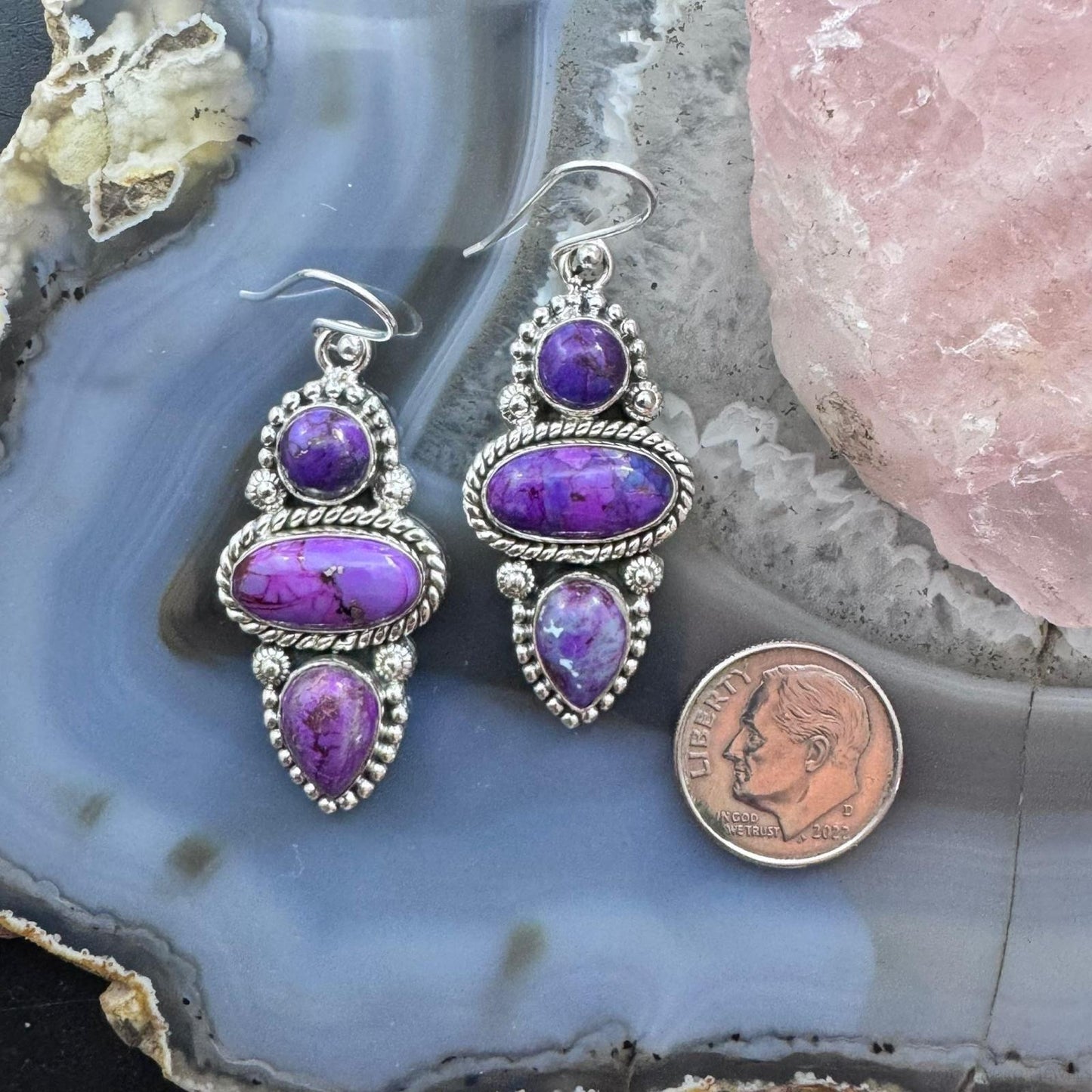 Sterling Silver Southwestern Style 3 Purple Dahlia Decorated Dangle Earrings For Women
