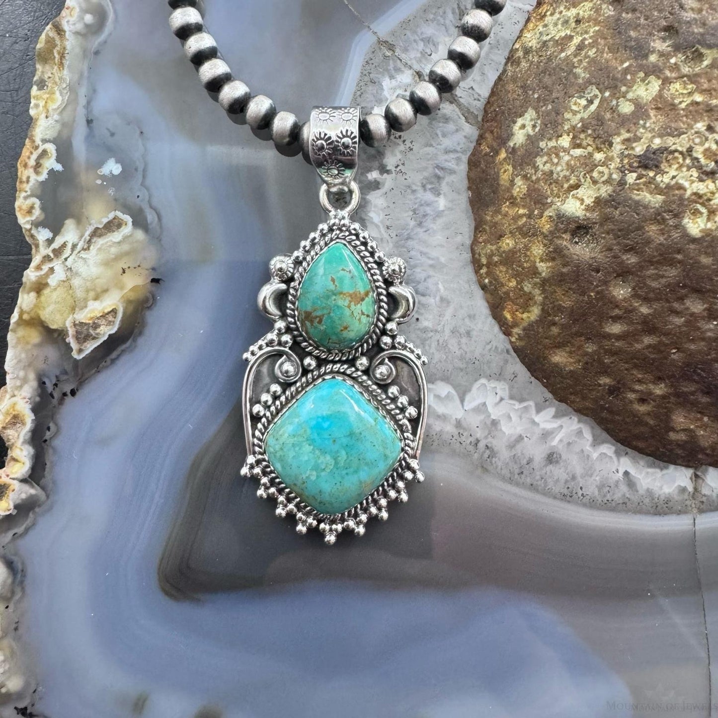 Sterling Silver Southwestern Style 2 Turquoise Decorated Large Pendant For Women
