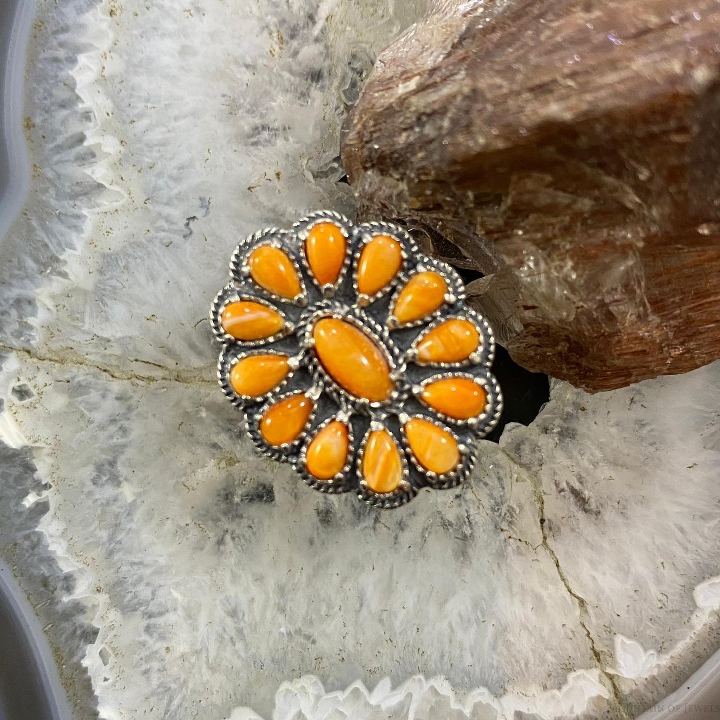 Carolyn Pollack Southwestern Style Sterling Silver Orange Spiny Oyster Decorated Cluster Ring For Women