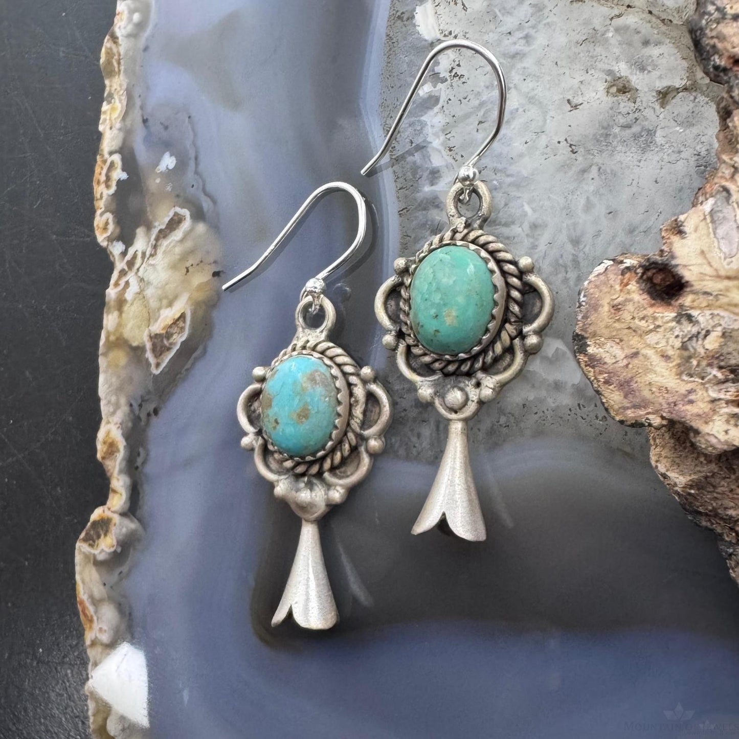 Sterling Silver Southwestern Style Turquoise Squash Blossom Decorated Dangle Earrings For Women
