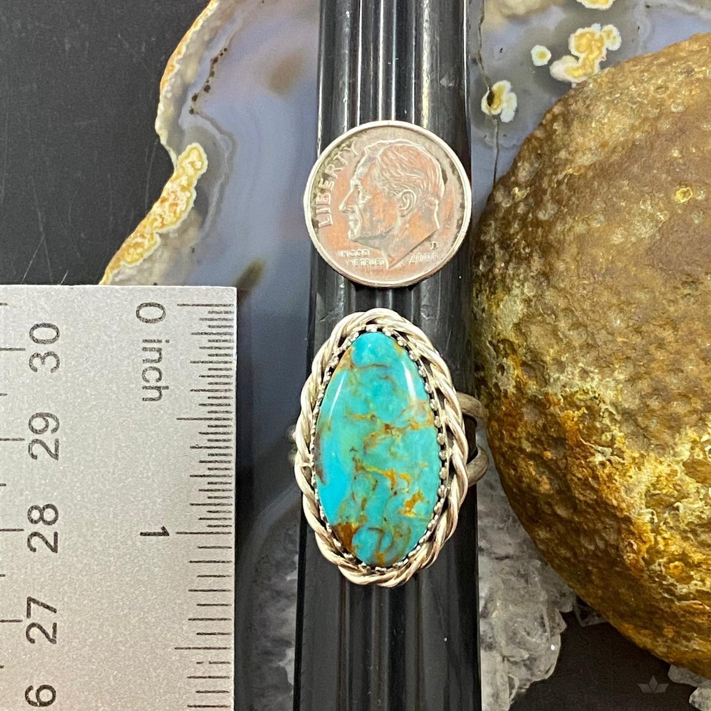 Rachel & Leonard Hurley Sterling Oval Turquoise Decorated Ring Size 9 For Women