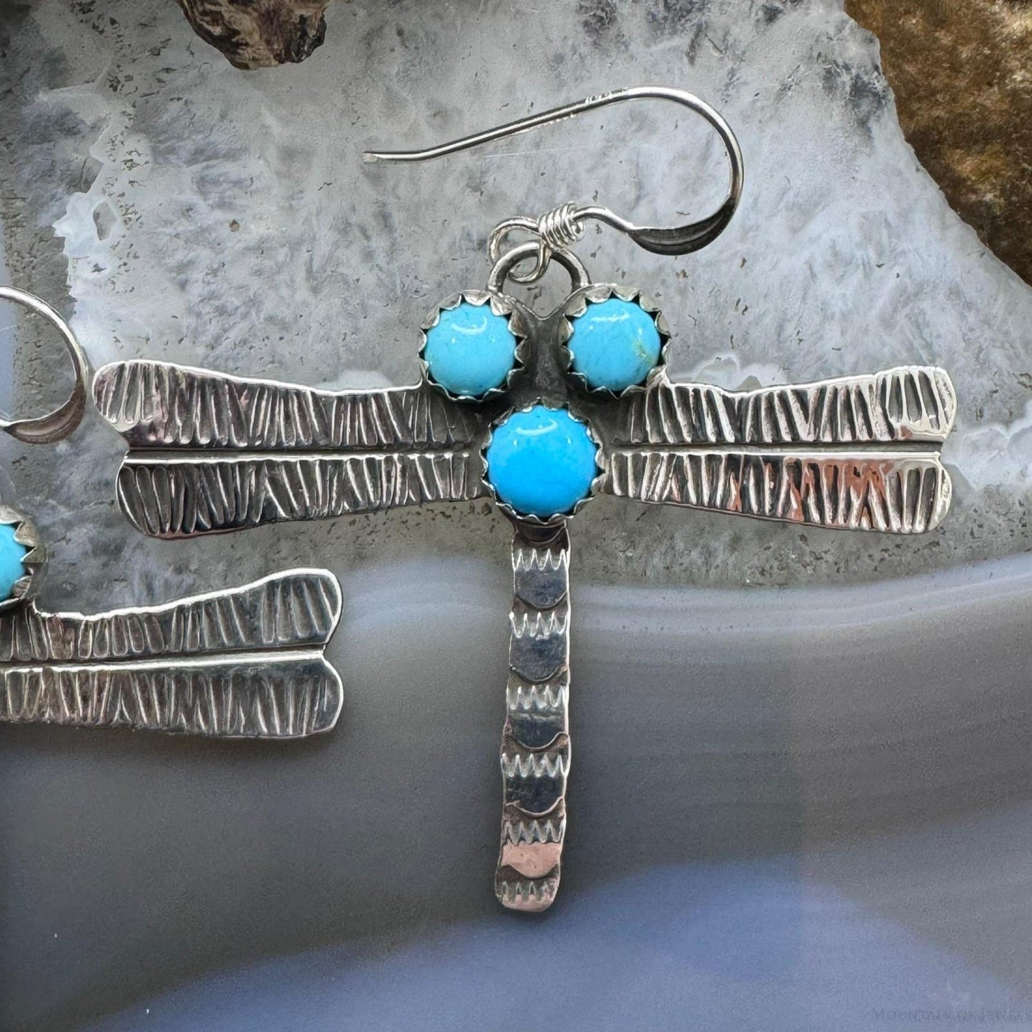 Brad Panteah Sterling Silver Dragonfly w/3 Turquoise Dangle Earrings For Women