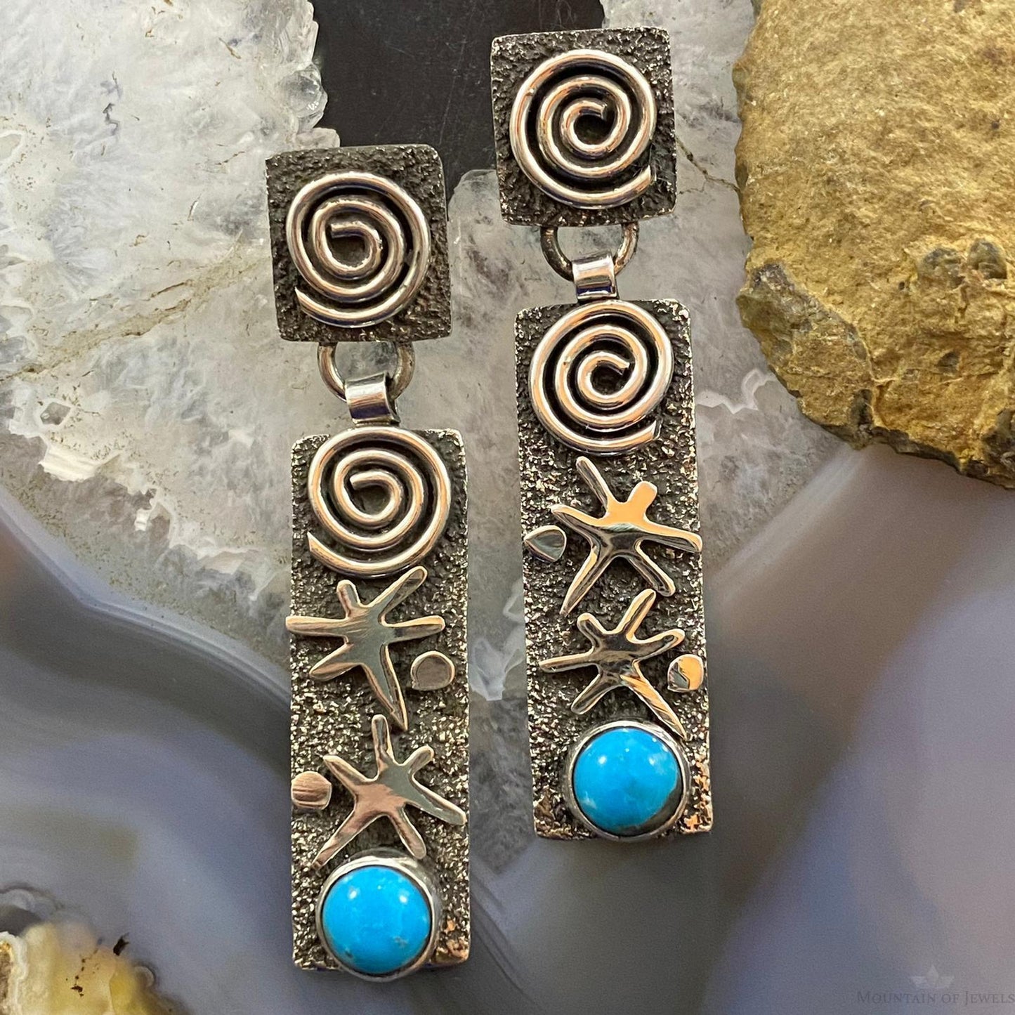 Alex Sanchez Native American Sterling Silver Turquoise Petroglyph Earrings