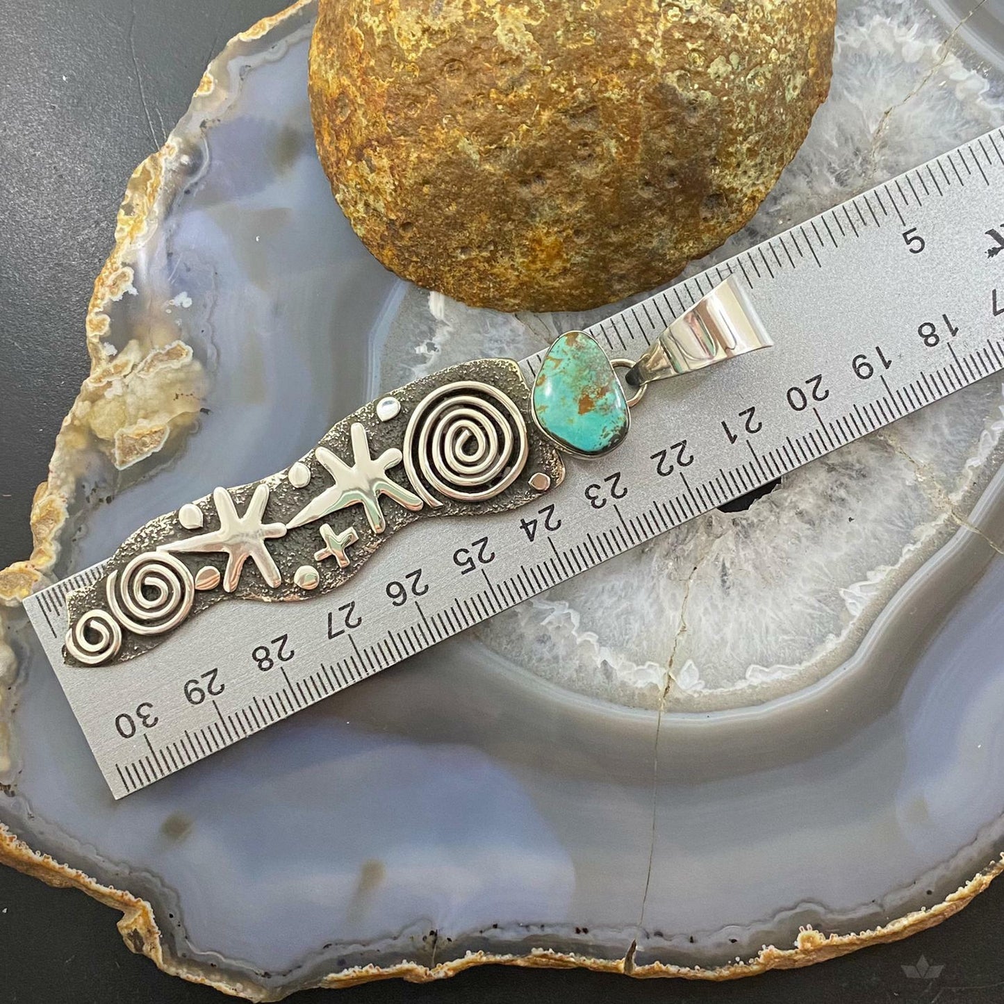 Alex Sanchez Sterling Silver Petroglyph & Turquoise Long Unisex Pendant