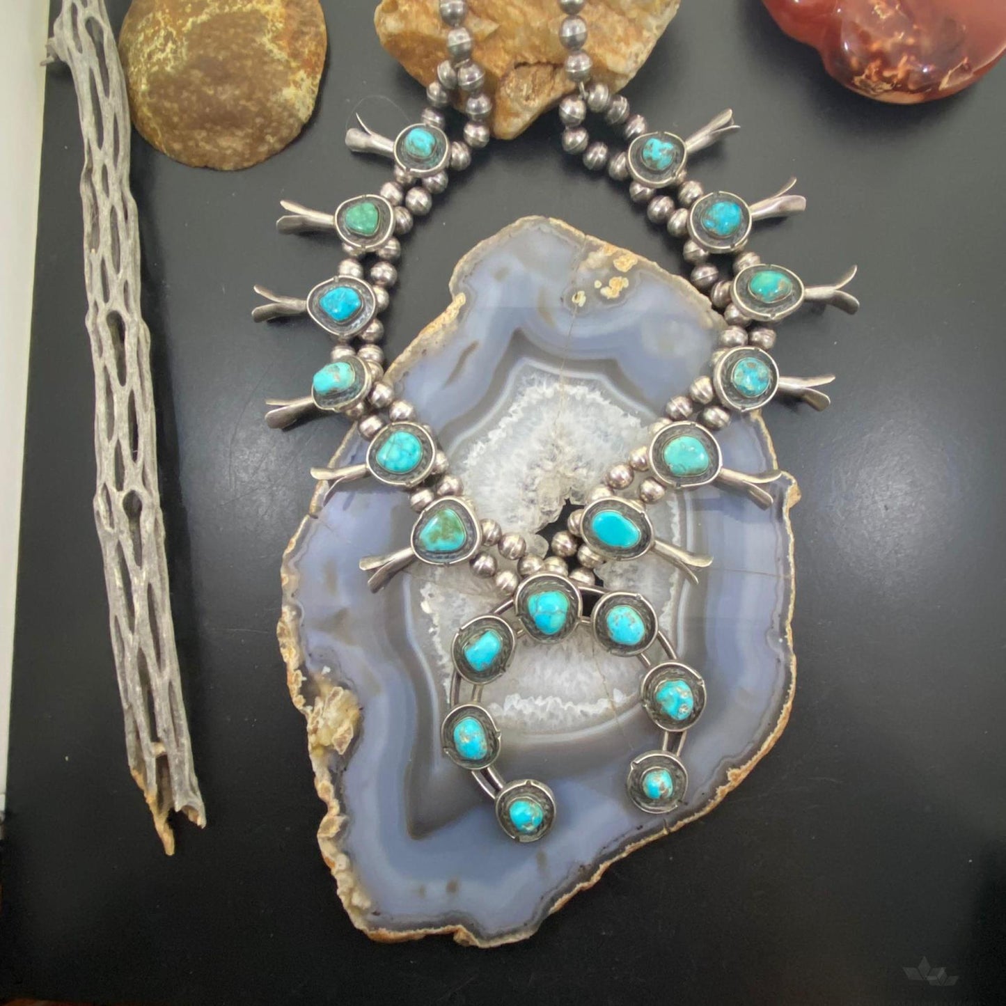 Antique Native American Silver Turquoise Squash Blossom Necklace For Women