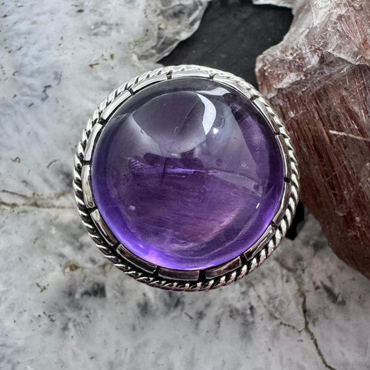 Sterling Silver Southwestern Style Round Amethyst Decorated Ring Size 8.75 For Women