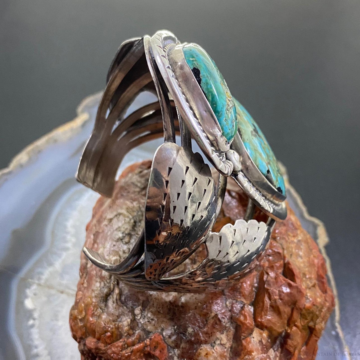 Vintage Native American Silver Cactus Leaves & Turquoise Bracelet For Women