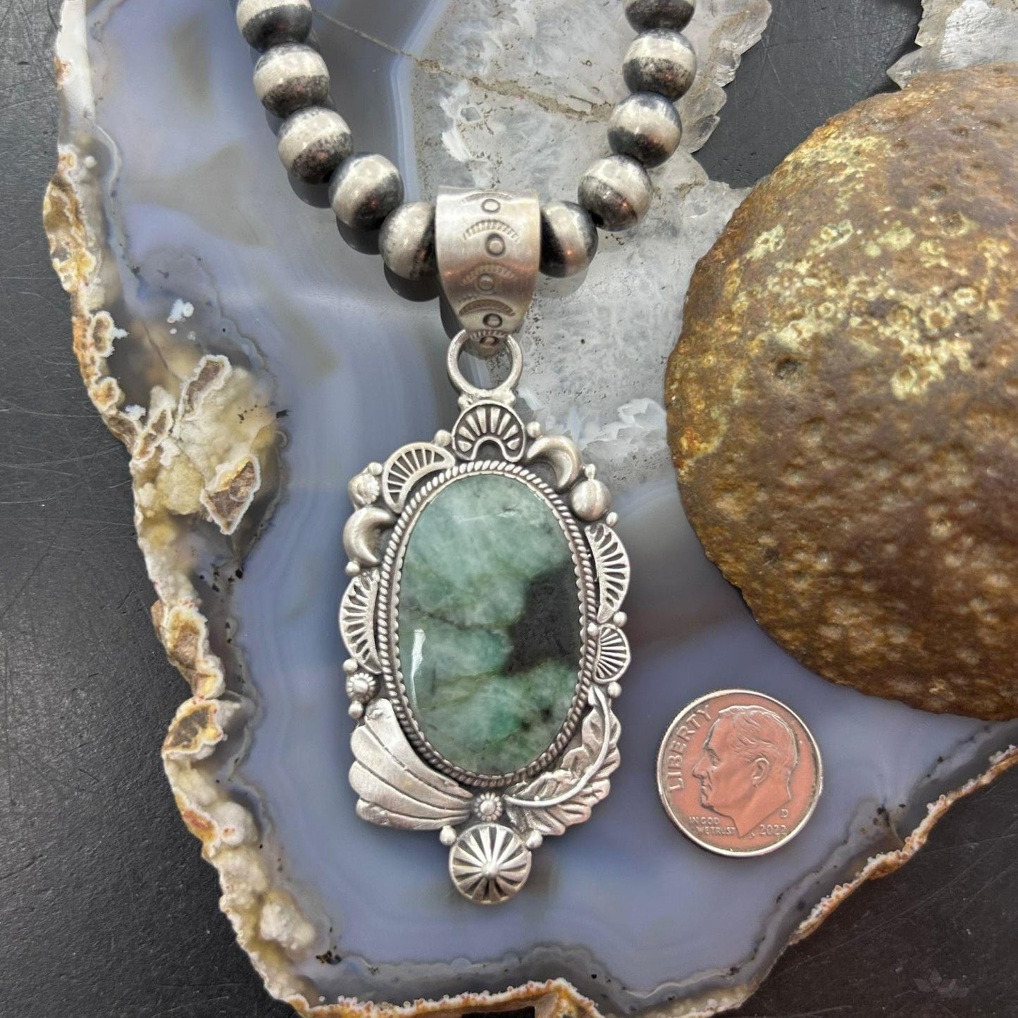 Sterling Silver Southwestern Style Oval Emerald Decorated Pendant For Women #1