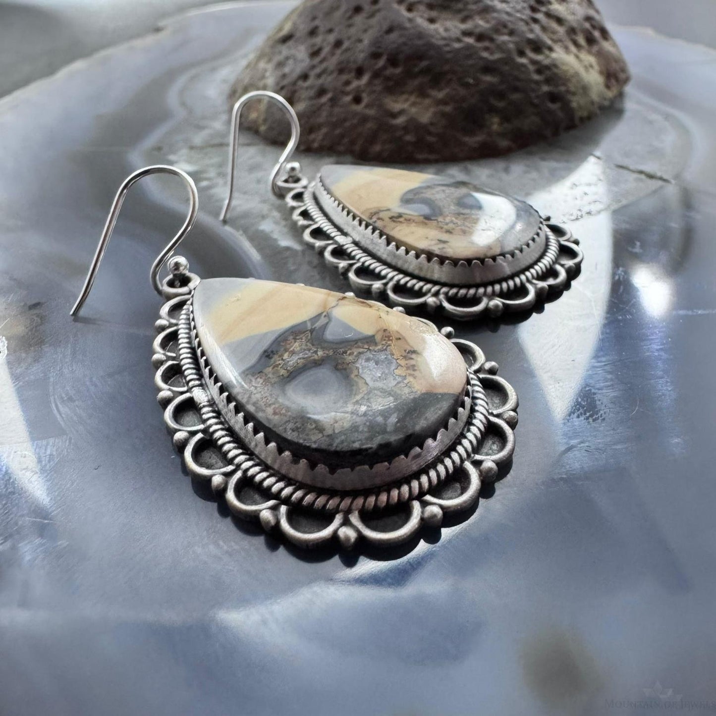 Sterling Silver Southwestern Style Teardrop Maligano Jasper Dangle Earrings For Women