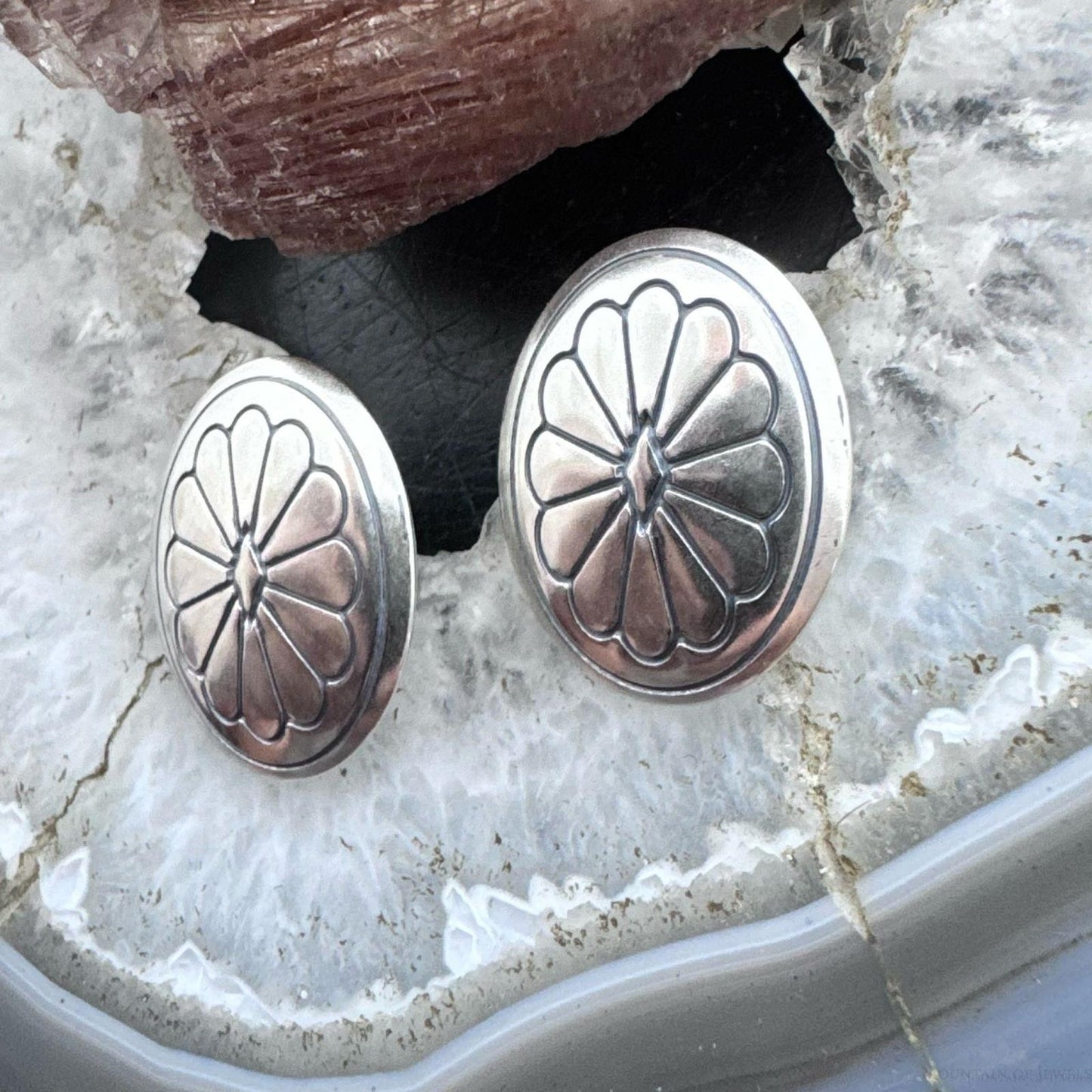 Native American Sterling Silver Round Stamped Oval Concho Stud Earrings For Women