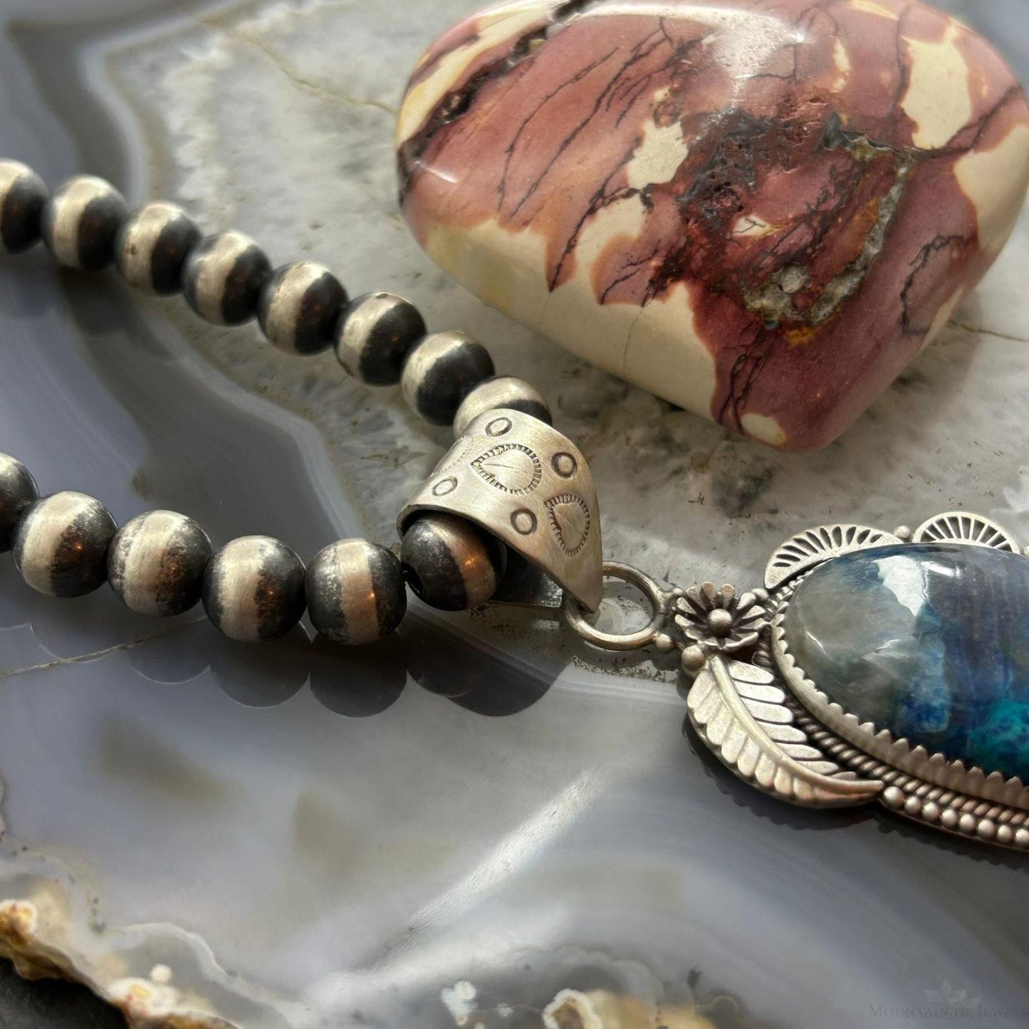 Sterling Silver Southwestern Style Elongated Shattuckite Decorated Pendant For Women