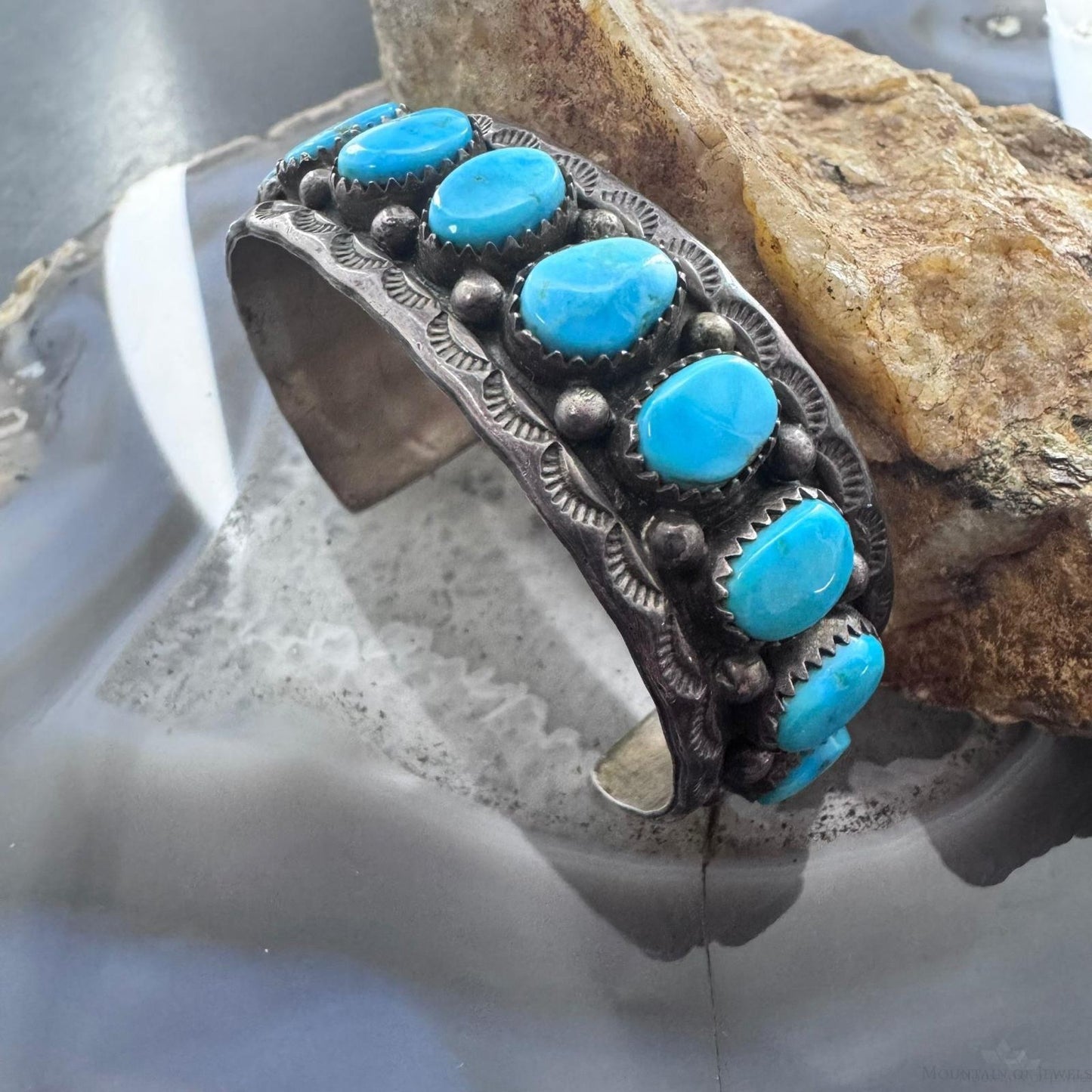 Tim Yazzie Vintage Native American Sterling Silver Turquoise Row Bracelet For Women