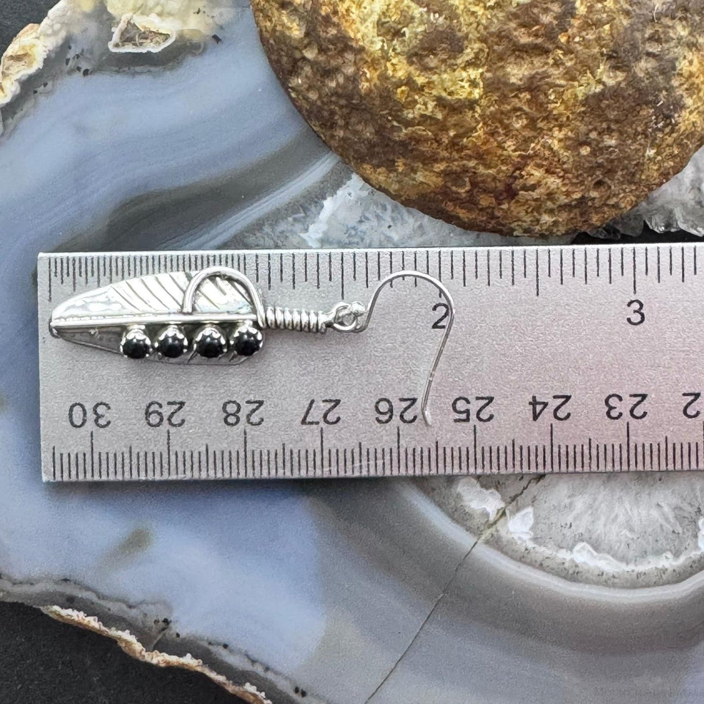 Sterling Silver Southwestern Style 4 Onyx Dots Feather Dangle Earrings For Women