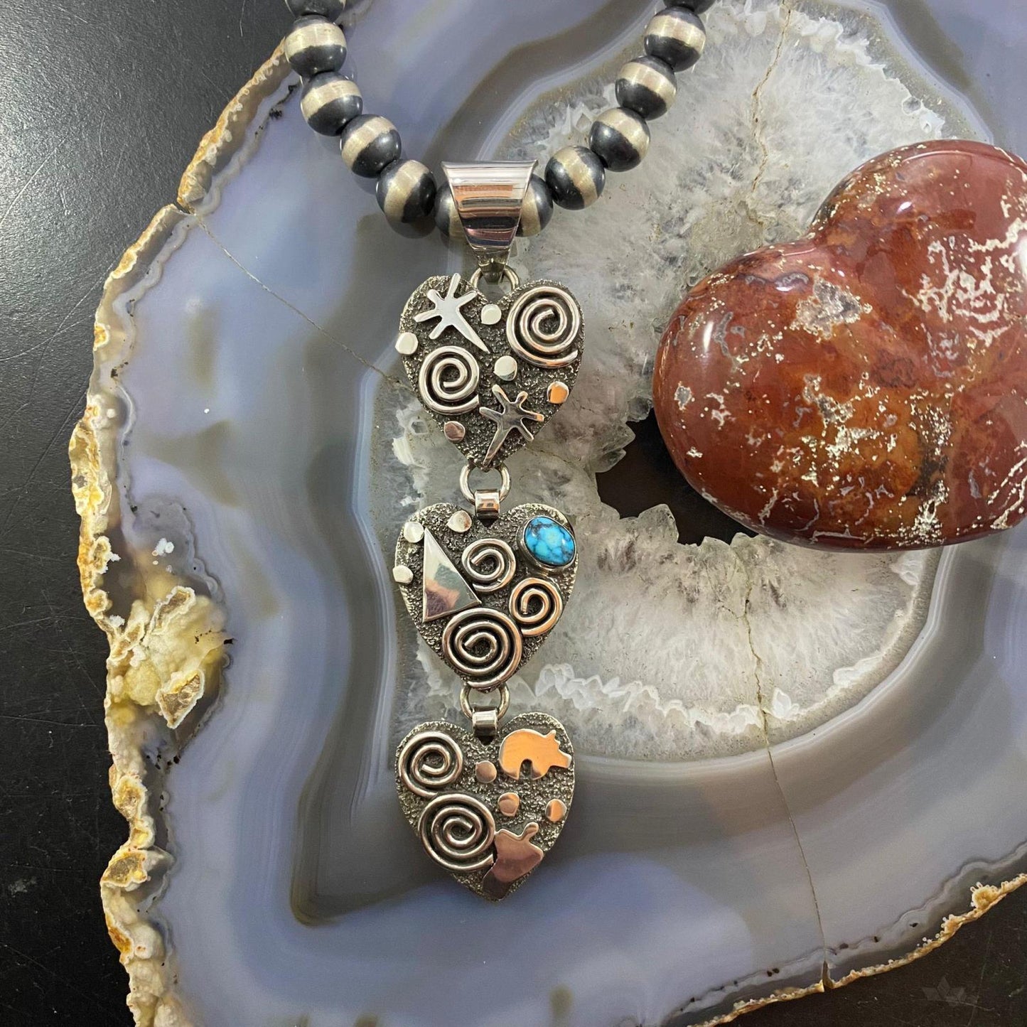 Alex Sanchez Native American Sterling Silver Triple Petroglyph Heart w/Turquoise Pendant For Women