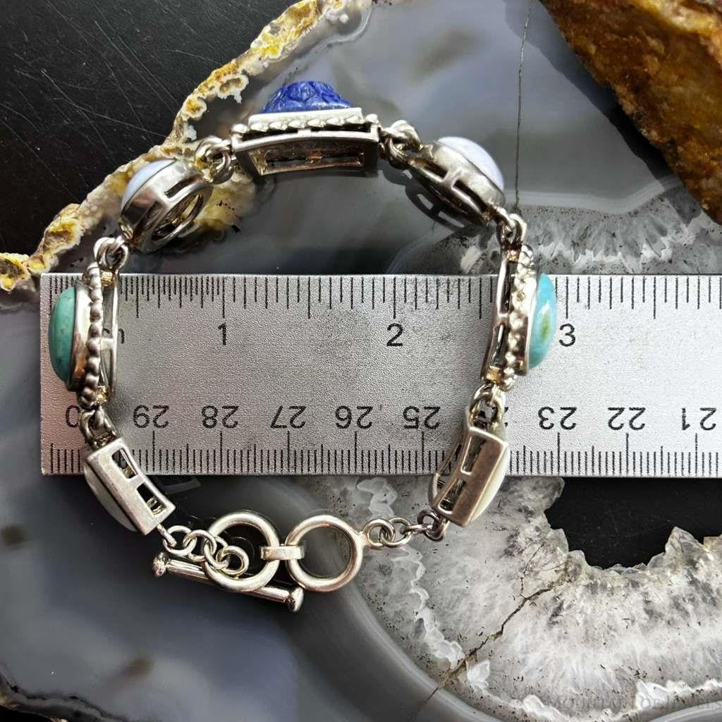 Sterling Silver Multi Shape and Stone Toggle Clasp Fashion Link Bracelet For Women