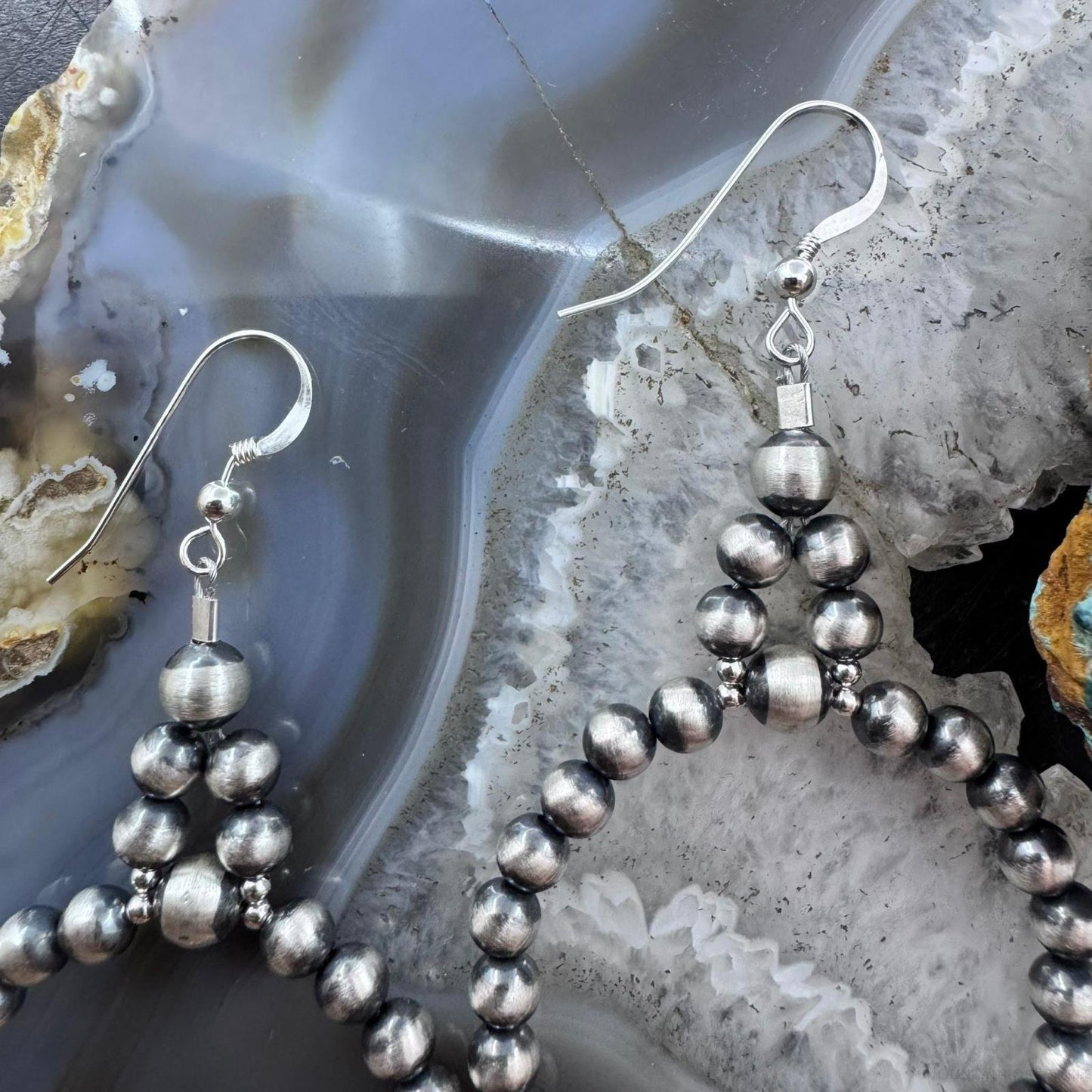 Navajo Pearl Bead 4 mm Sterling Silver Hoop Dangle Earrings For Women