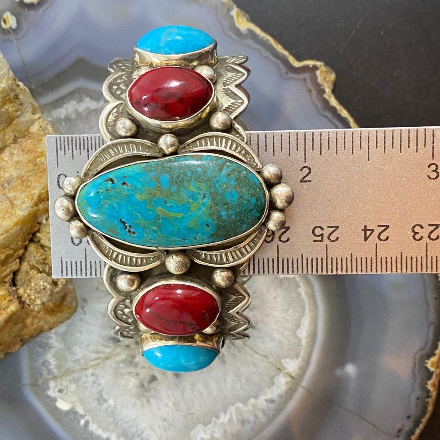 Signed Native American Sterling Silver Turquoise &Apple Coral Decorated Bracelet