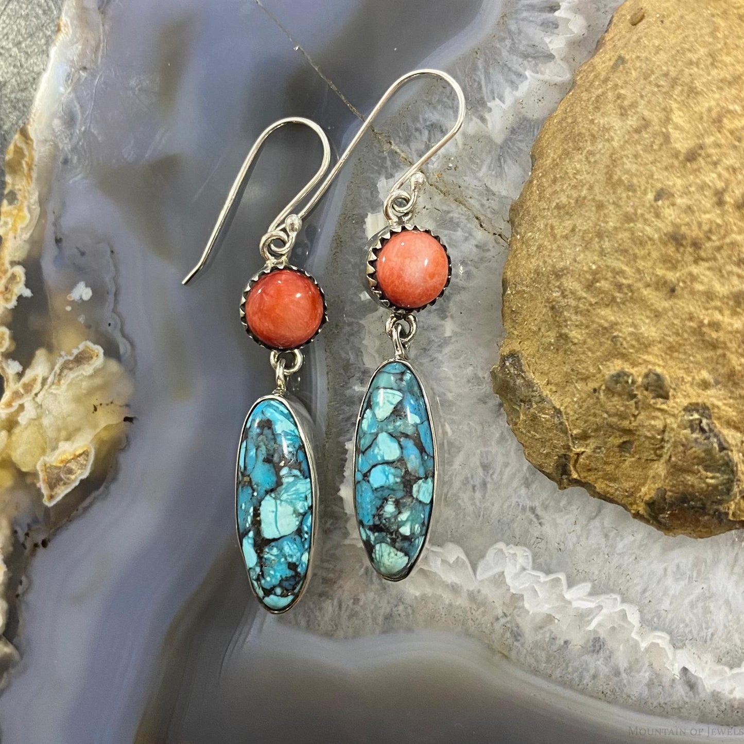 Native American Sterling Spiny Oyster & Oval Mosaic Turquoise Dangle Earrings