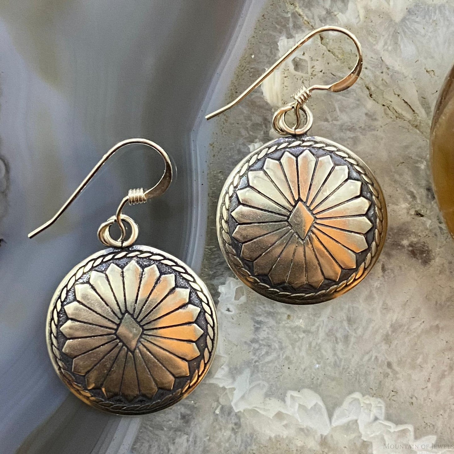 Native American Sterling Round Decorated Stamped Dangle Earrings For Women