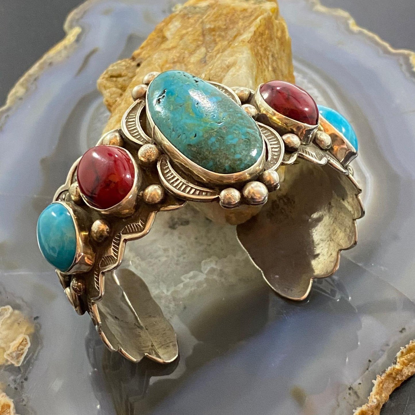 Signed Native American Sterling Silver Turquoise &Apple Coral Decorated Bracelet