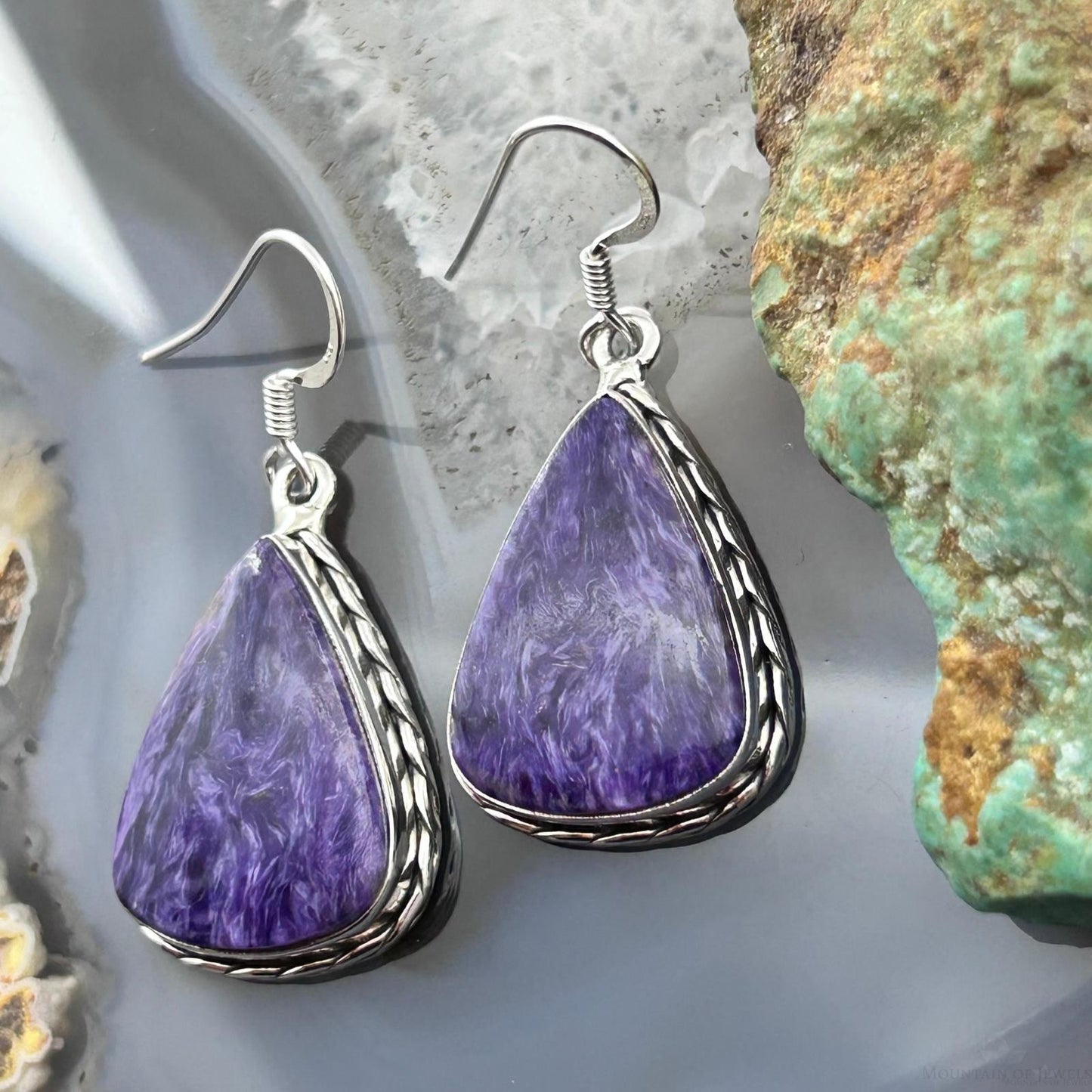 Sterling Silver Southwestern Style Teardrop Charoite Dangle Earrings For Women