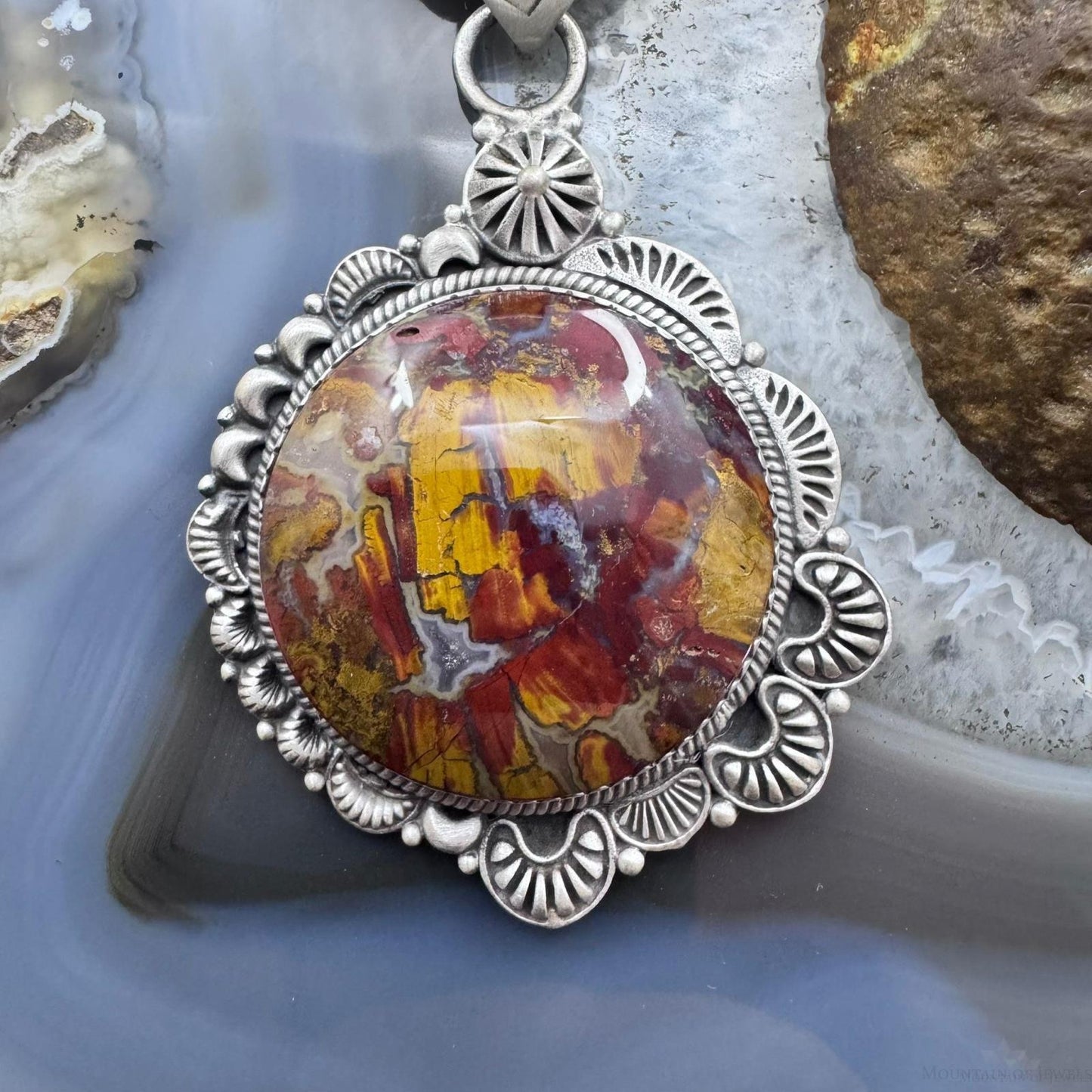 Sterling Silver Southwestern Style Round Red Moss Agate Decorated Pendant For Women