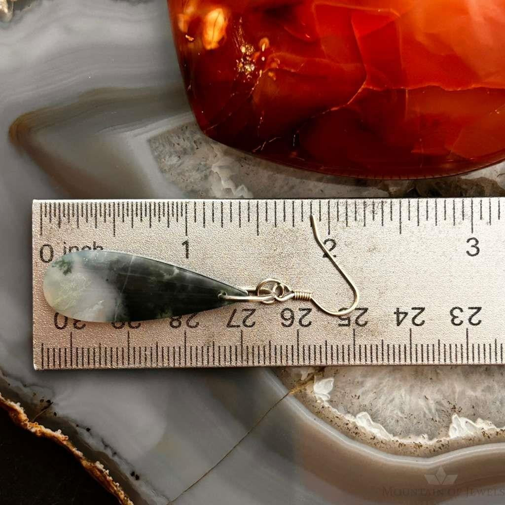 Sterling Silver Elongated Teardrop Moss Agate Slab Dangle Earrings For Women #328