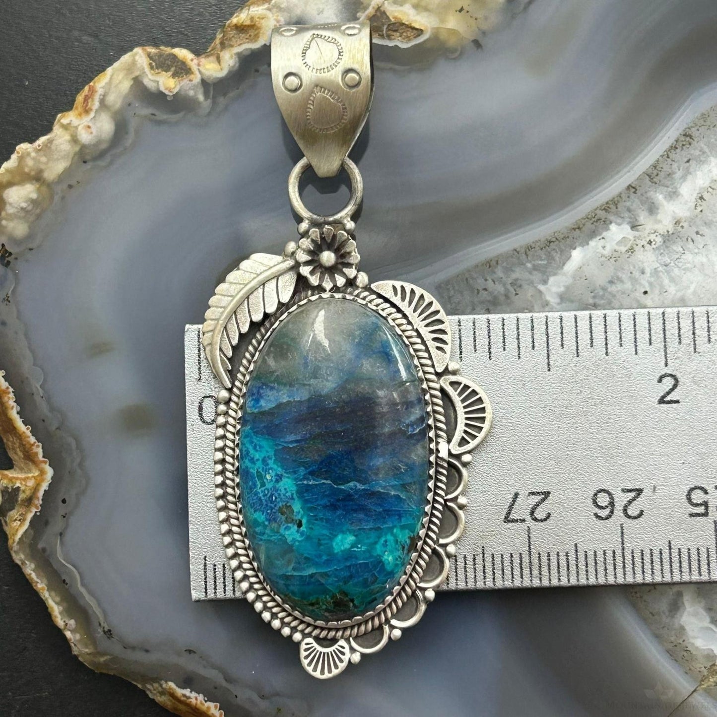 Sterling Silver Southwestern Style Elongated Shattuckite Decorated Pendant For Women