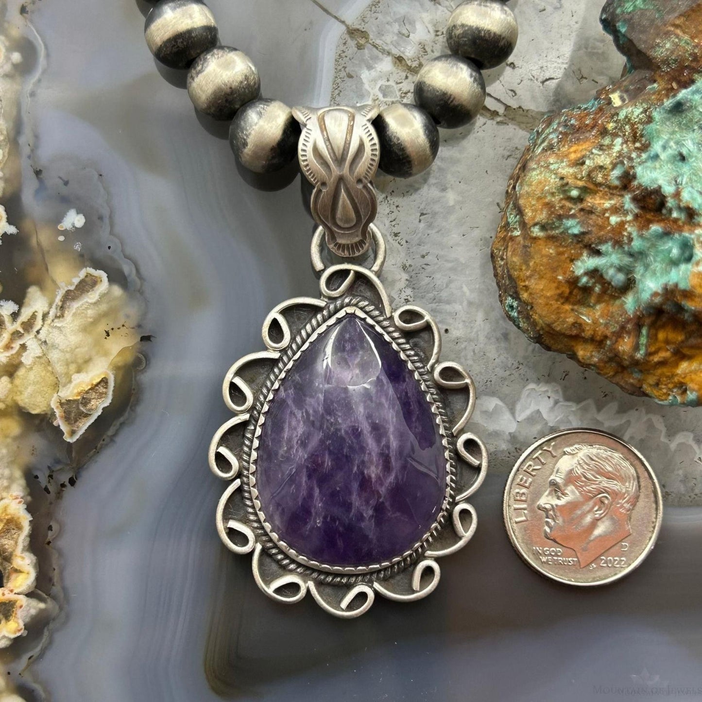 Sterling Silver Southwestern Style Teardrop Charoite Decorated Pendant For Women