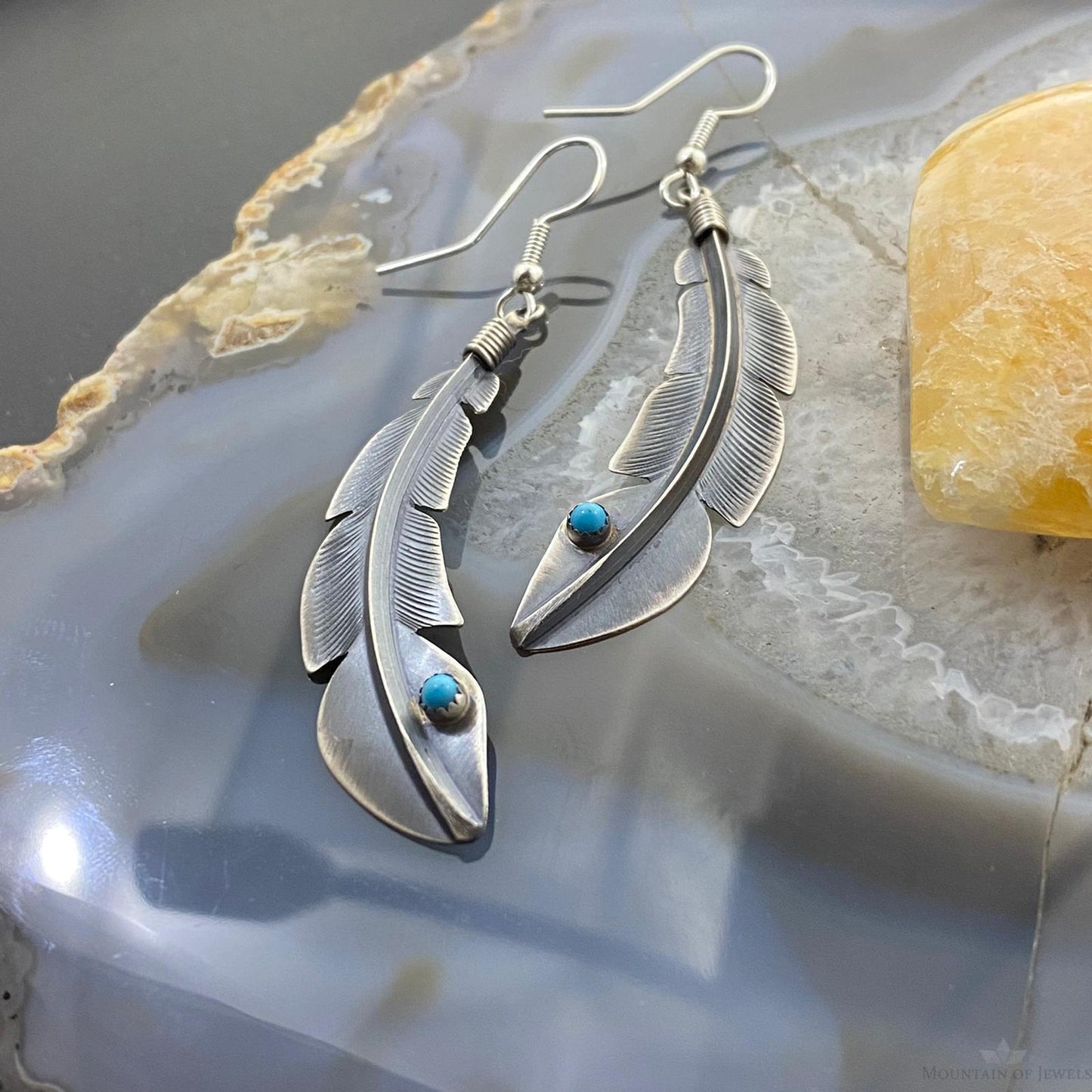 Billy Long Sterling Silver Feather w/Turquoise Dangle Earrings For Women