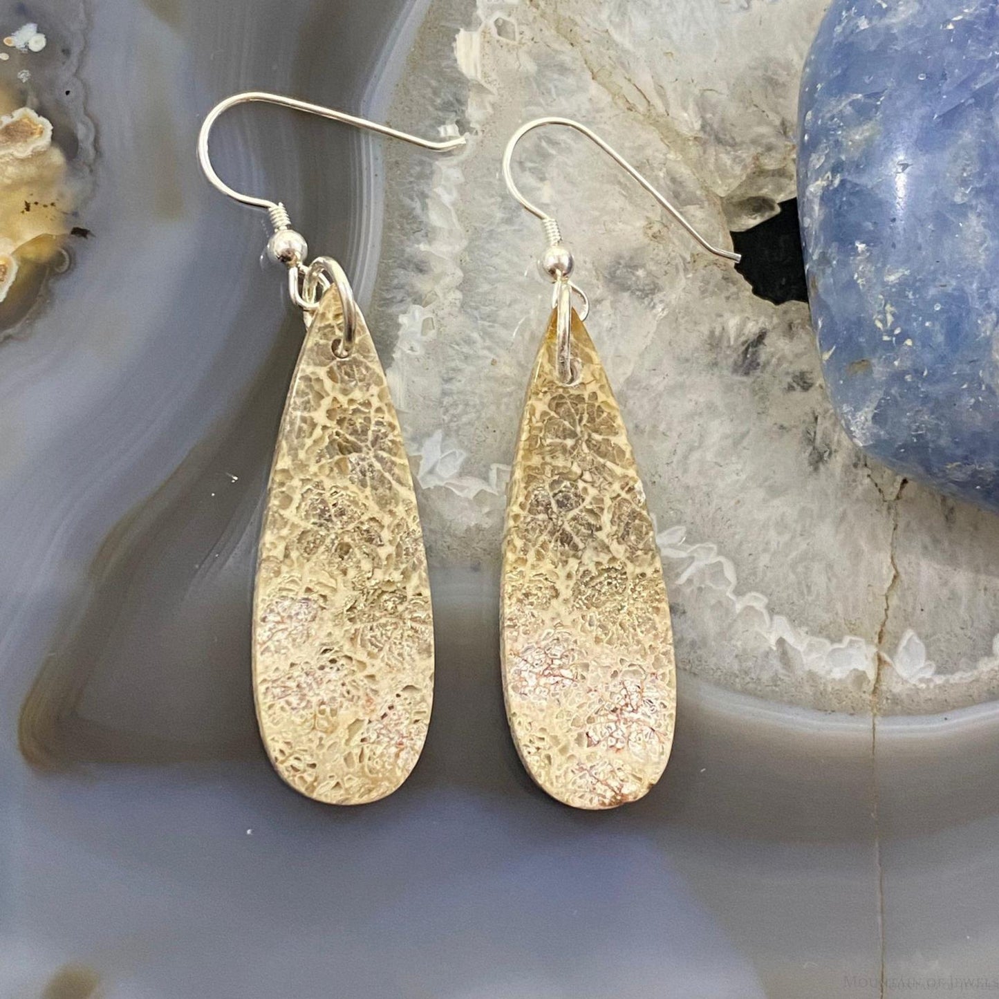 Sterling Silver Teardrop Fossilized Coral Slab Dangle Earrings For Women #067