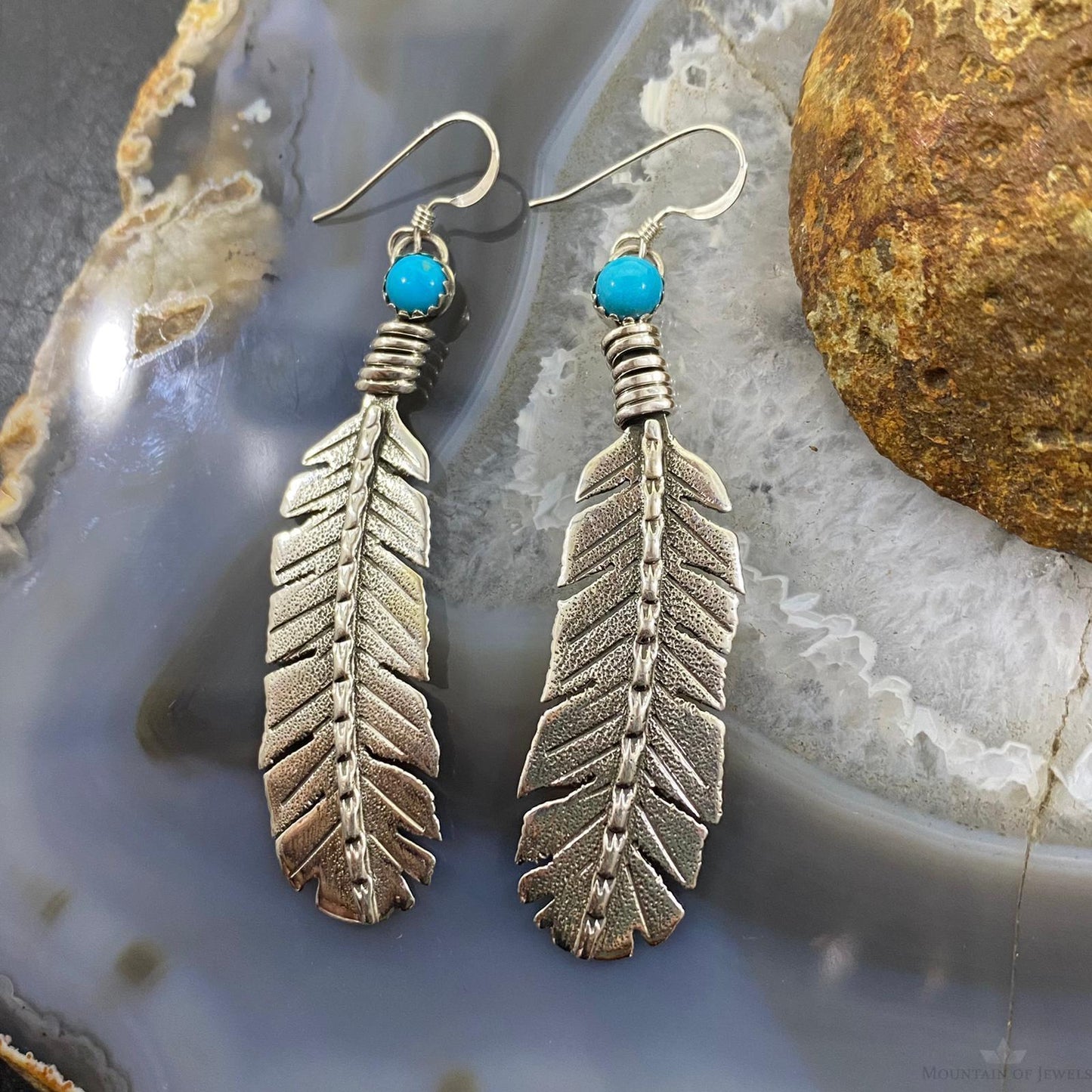 Brad Panteah Native American Sterling Long Feather w/Turquoise Dangle Earrings