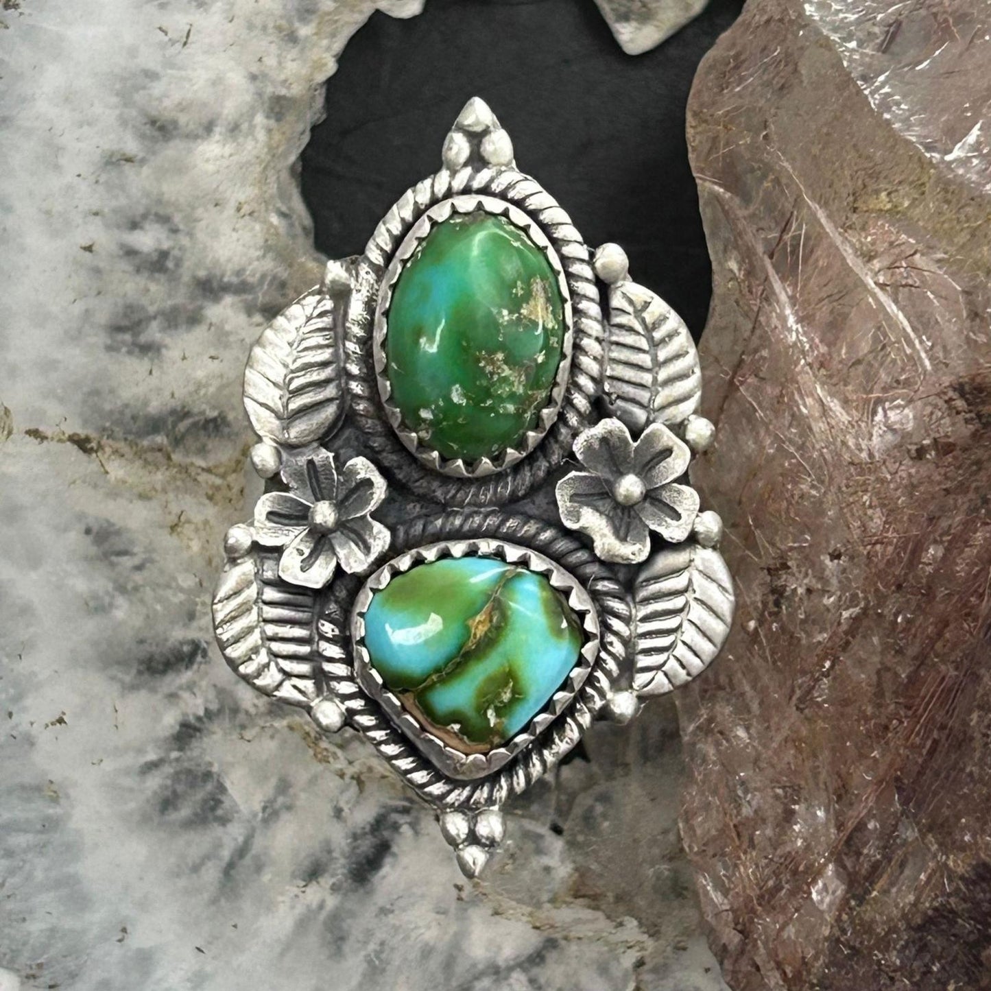 Sterling Silver Southwestern Style 2 Sonora Gold Turquoise Adjustable Ring For Women