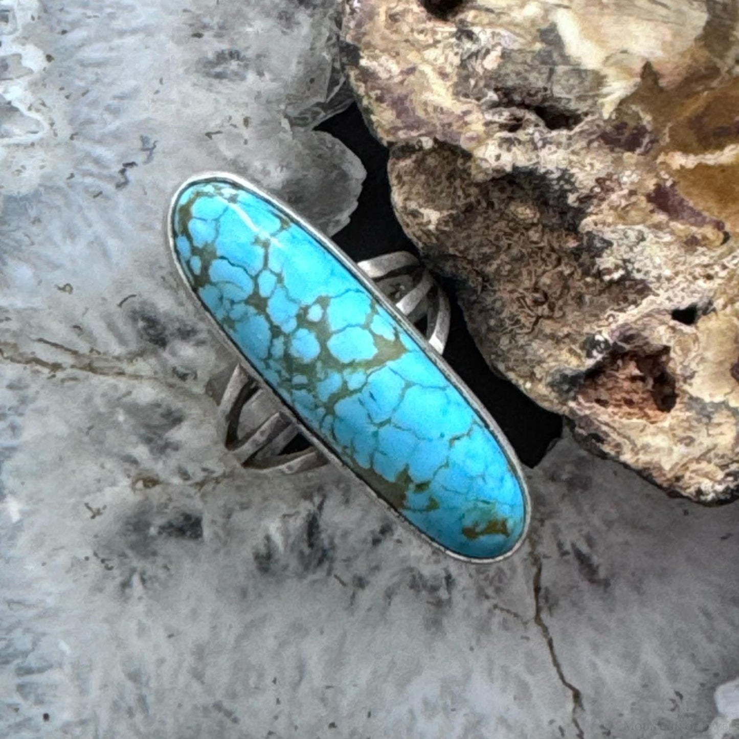 Native American Sterling Silver Elongated Turquoise Ring Size 6.25 For Women