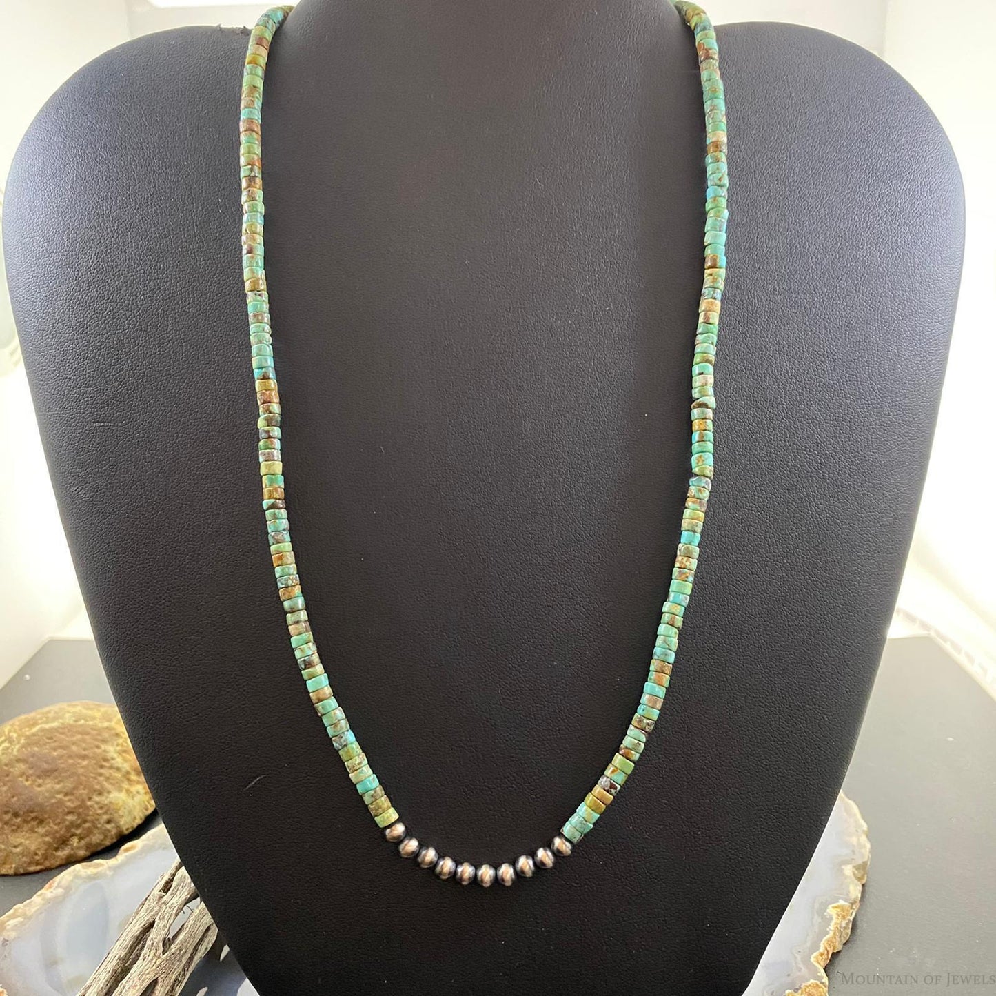 Turquoise Beads w/10 Navajo Pearl Beads 4 mm Sterling Silver 18" Unisex Necklace