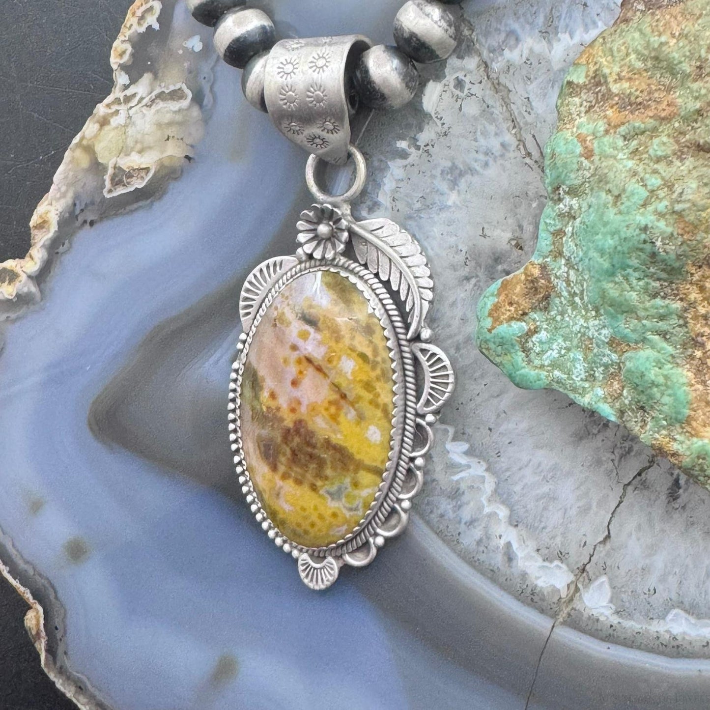 Sterling Silver Southwestern Style Oval River Jasper Decorated Pendant For Women