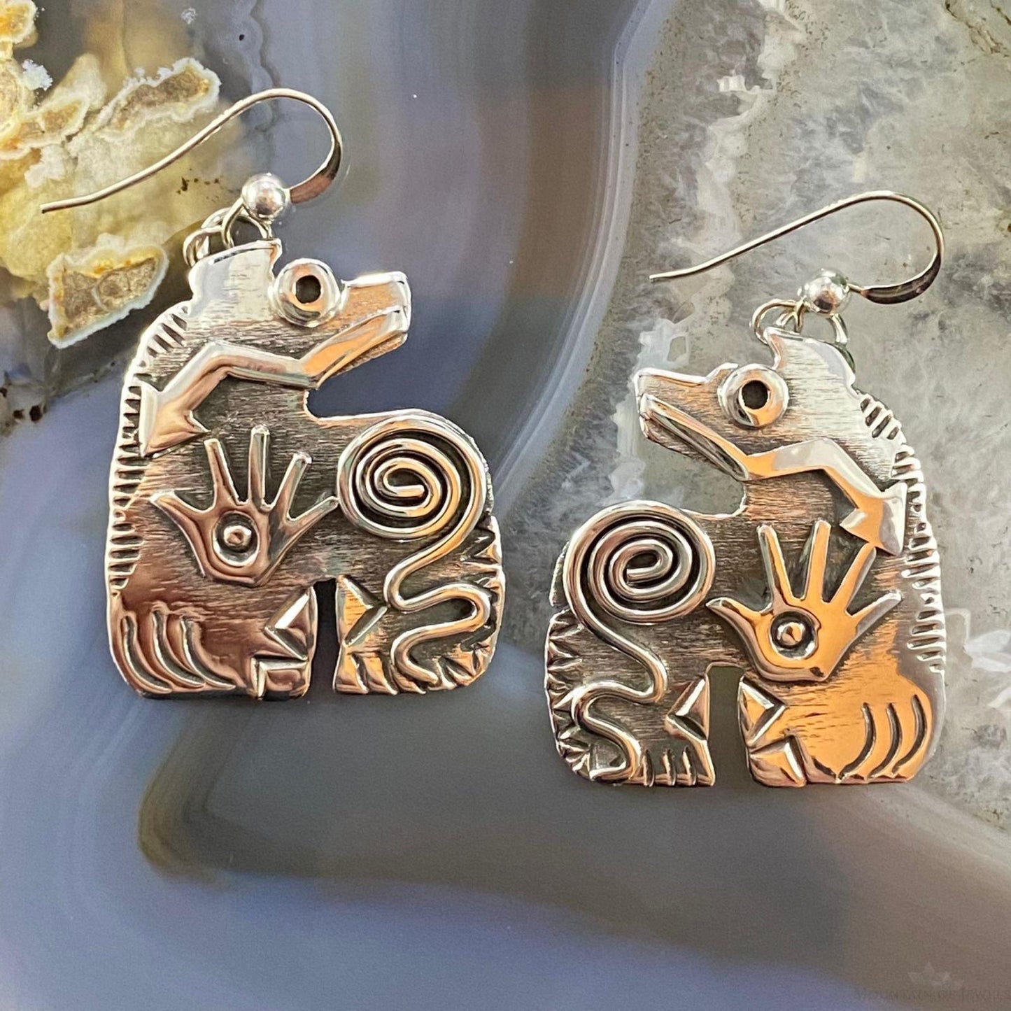 Brad Panteah Sterling Spirit Bear w/Petroglyph Symbols Dangle Earrings For Women