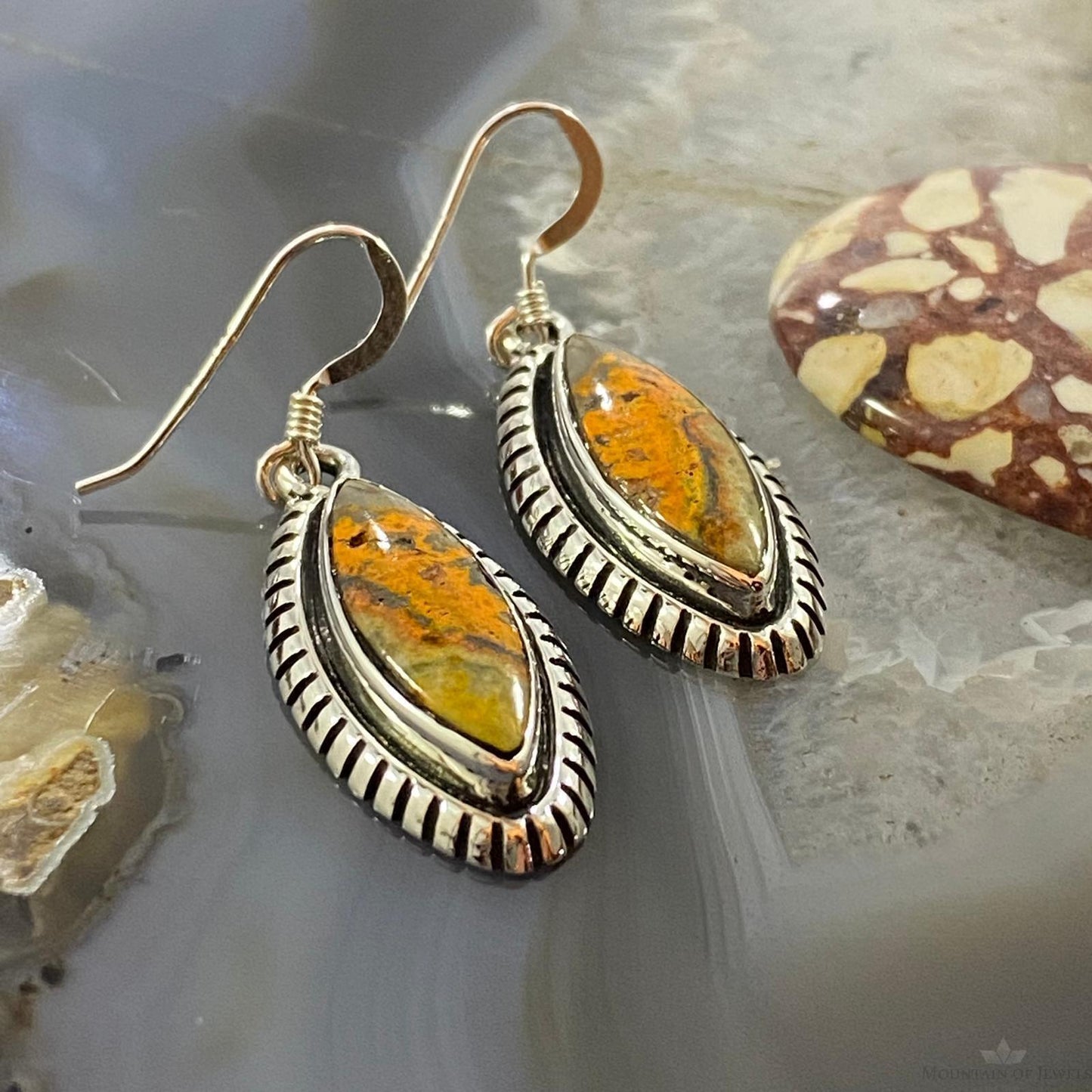 Native American Sterling Marquise Bumblebee Jasper Dangle Earrings For Women #1