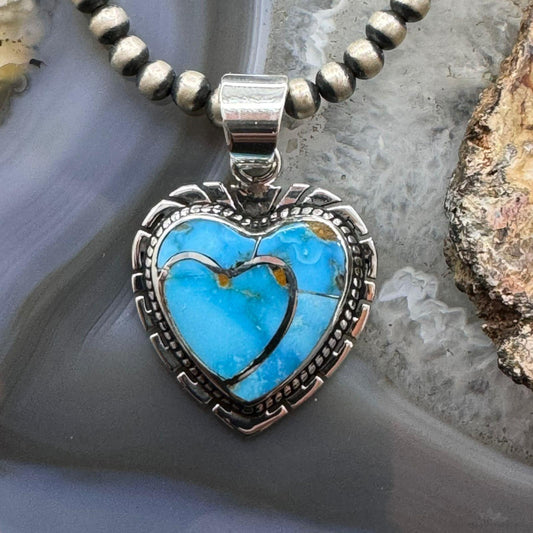 Native American Sterling Silver Blue Ridge Turquoise Double Heart Pendant For Women #4