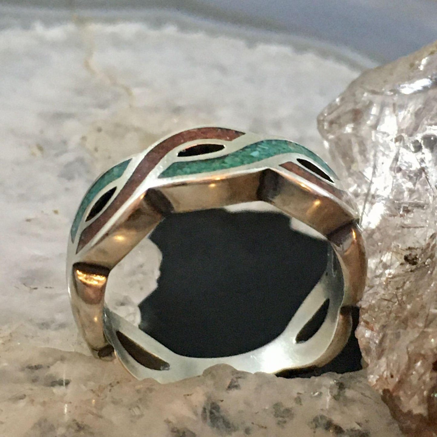 Carolyn Pollack Southwestern Style Sterling Silver Turquoise & Coral Chip Inlay Band Ring